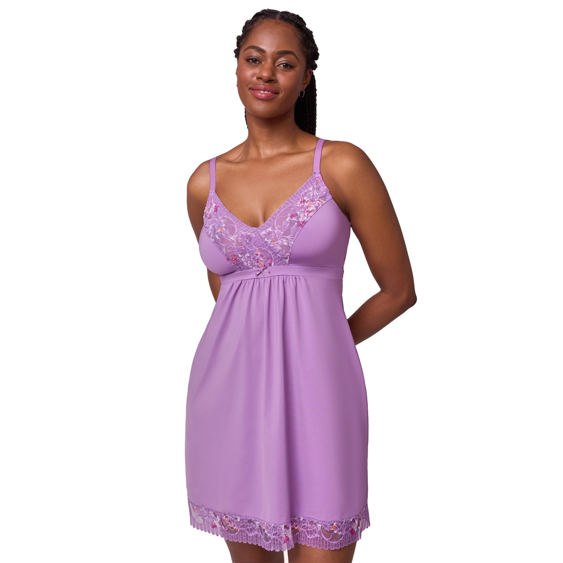 Three-quarter view of lavender lace-trim chemise showing fluid drape, feminine fit and embroidered lace accents