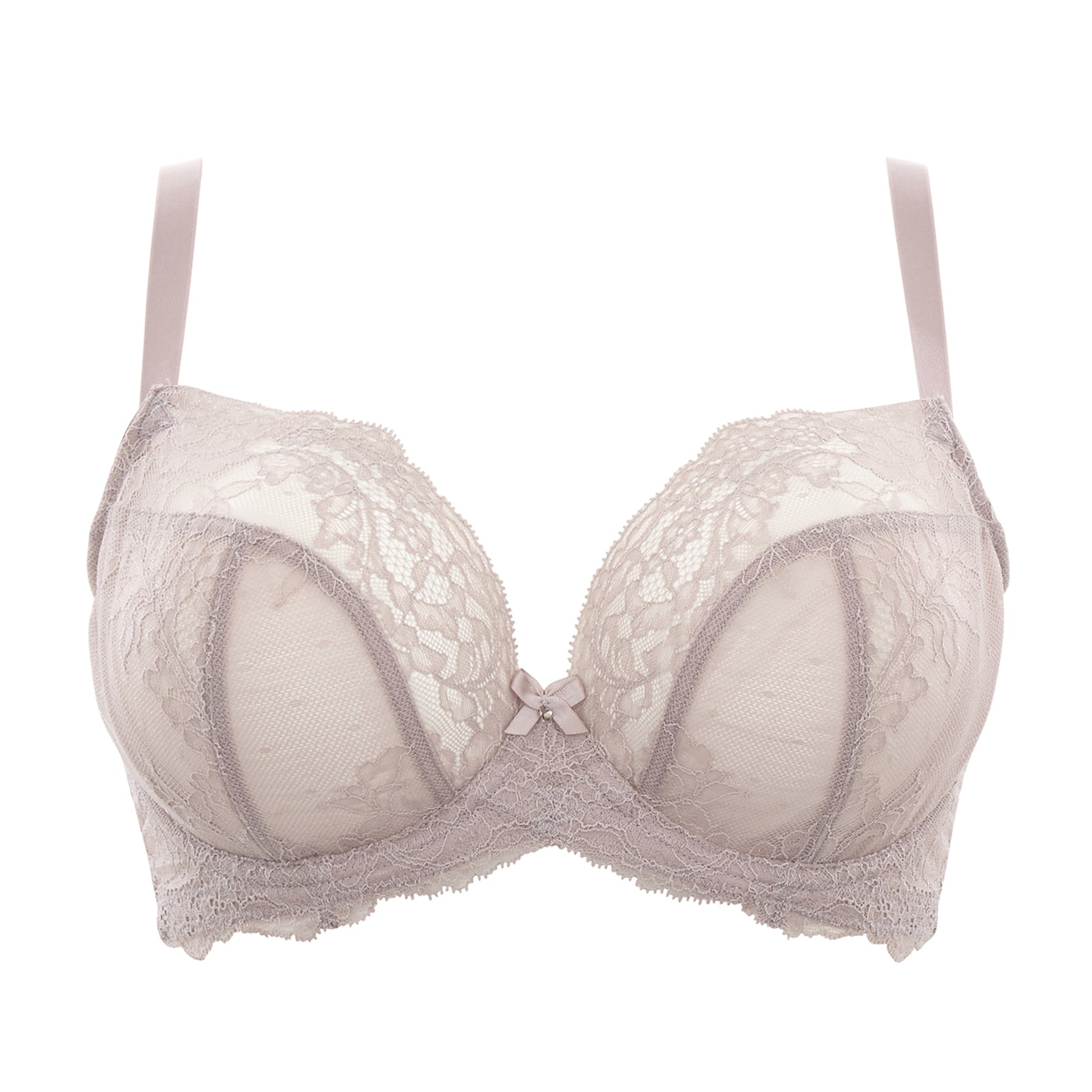 Vintage-inspired lace bra in soft beige with scalloped edges and satin bow detail on white background.