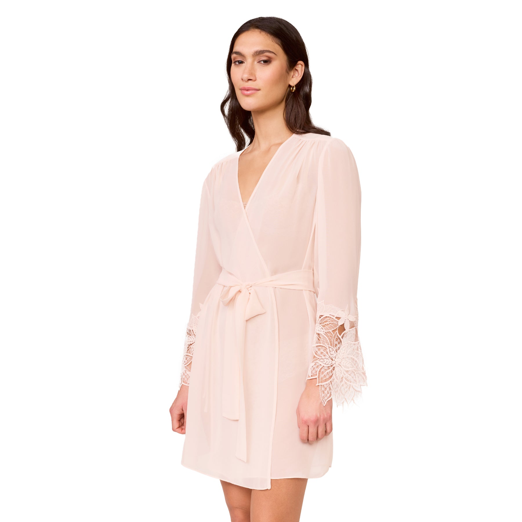 Blush chiffon robe with wrap front, waist tie and intricate lace detailing on long sleeves