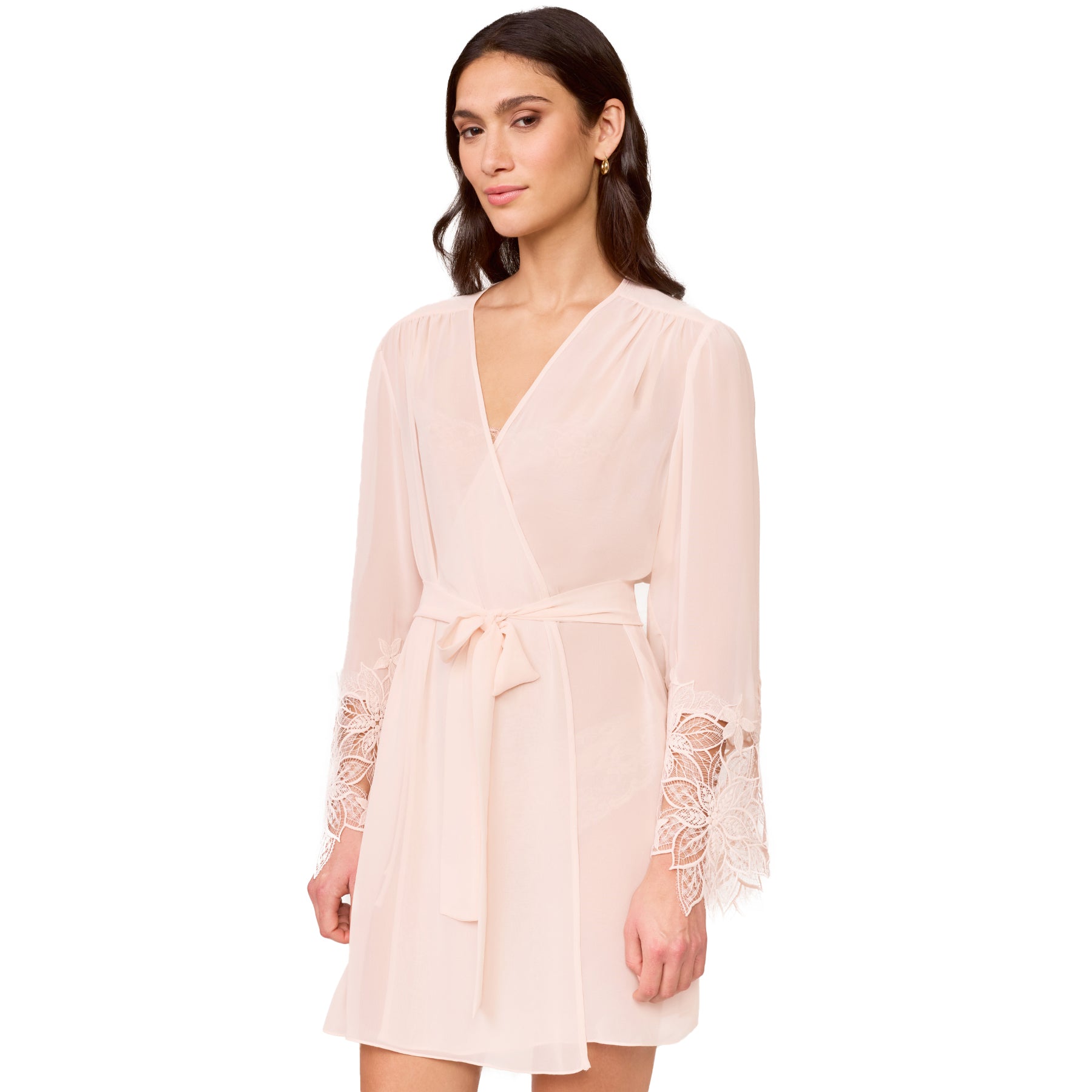 Front view of lightweight blush robe featuring soft V-neckline, fluid silhouette and elegant lace cuffs