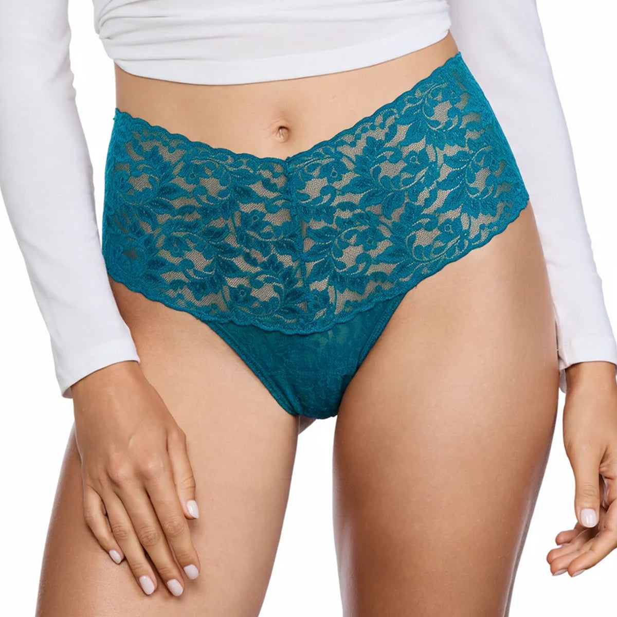 Close-up front view of the Hanky Panky Retro Rise Thong in Hot Teal, featuring sheer floral stretch lace, a wide V-shaped waistband, scalloped edges, and a high-cut leg design.