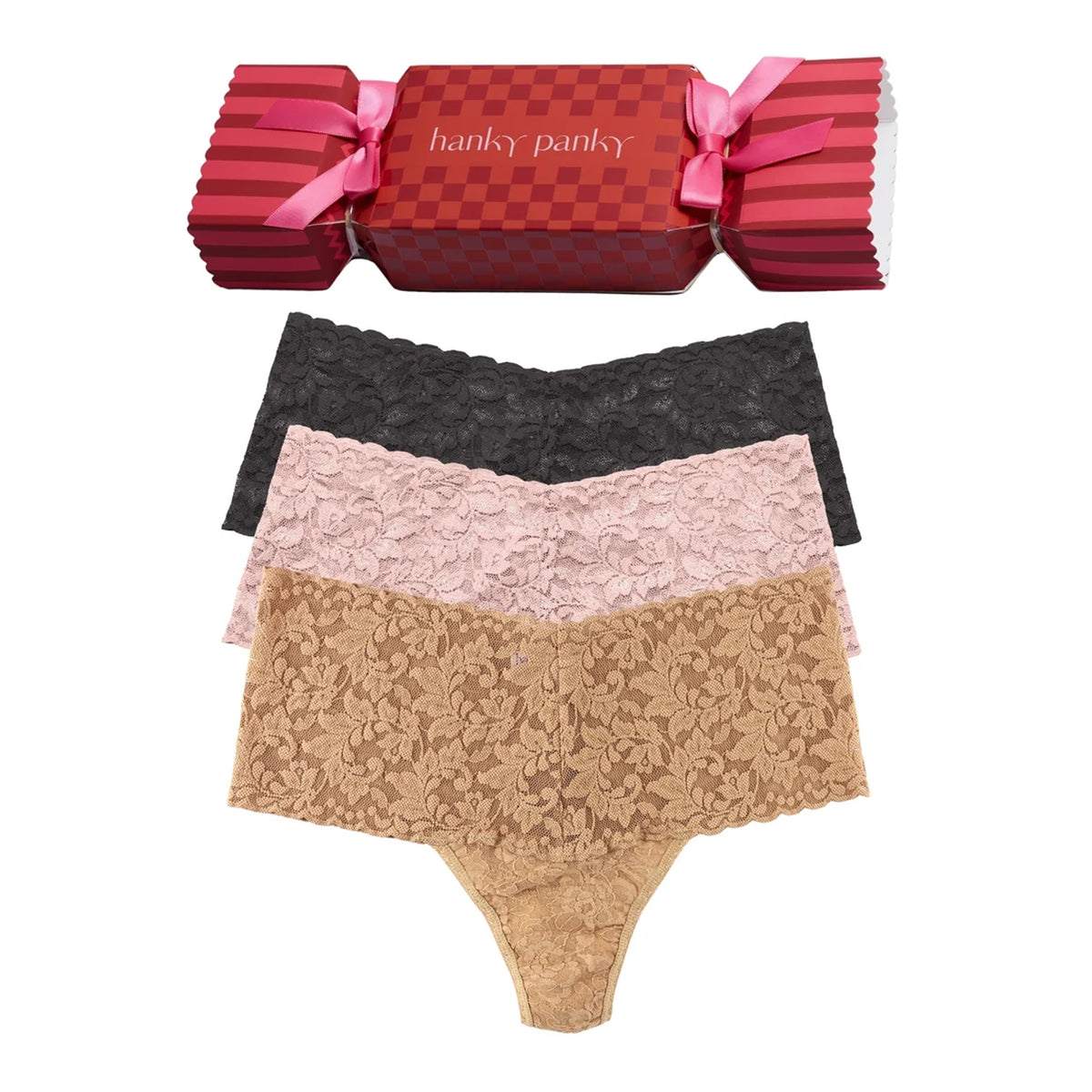 Hanky Panky Retro Rise Thong 3-Pack in Granite, Rose and Suntan floral lace, displayed beneath a festive red Christmas cracker gift box with pink satin bows.
