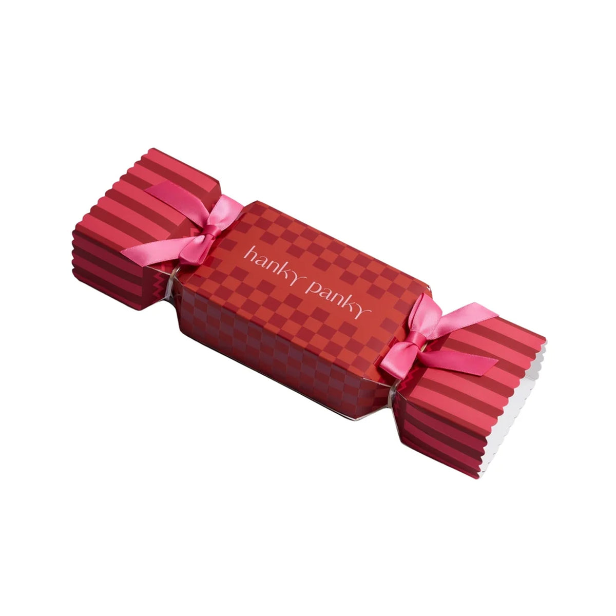 Hanky Panky holiday cracker gift box featuring a red checkerboard design, striped ends, pink satin ribbon bows and the Hanky Panky logo.