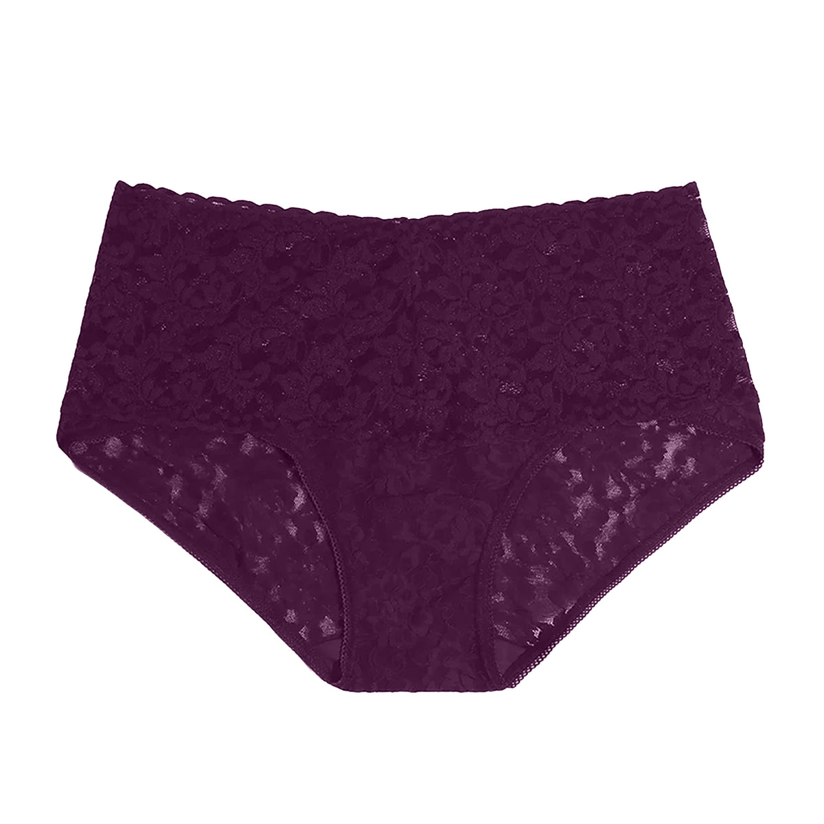 Model wearing the Hanky Panky French Brief in rich Plum purple, featuring sheer floral stretch lace, a wide high-rise waistband, scalloped edges and full front coverage.