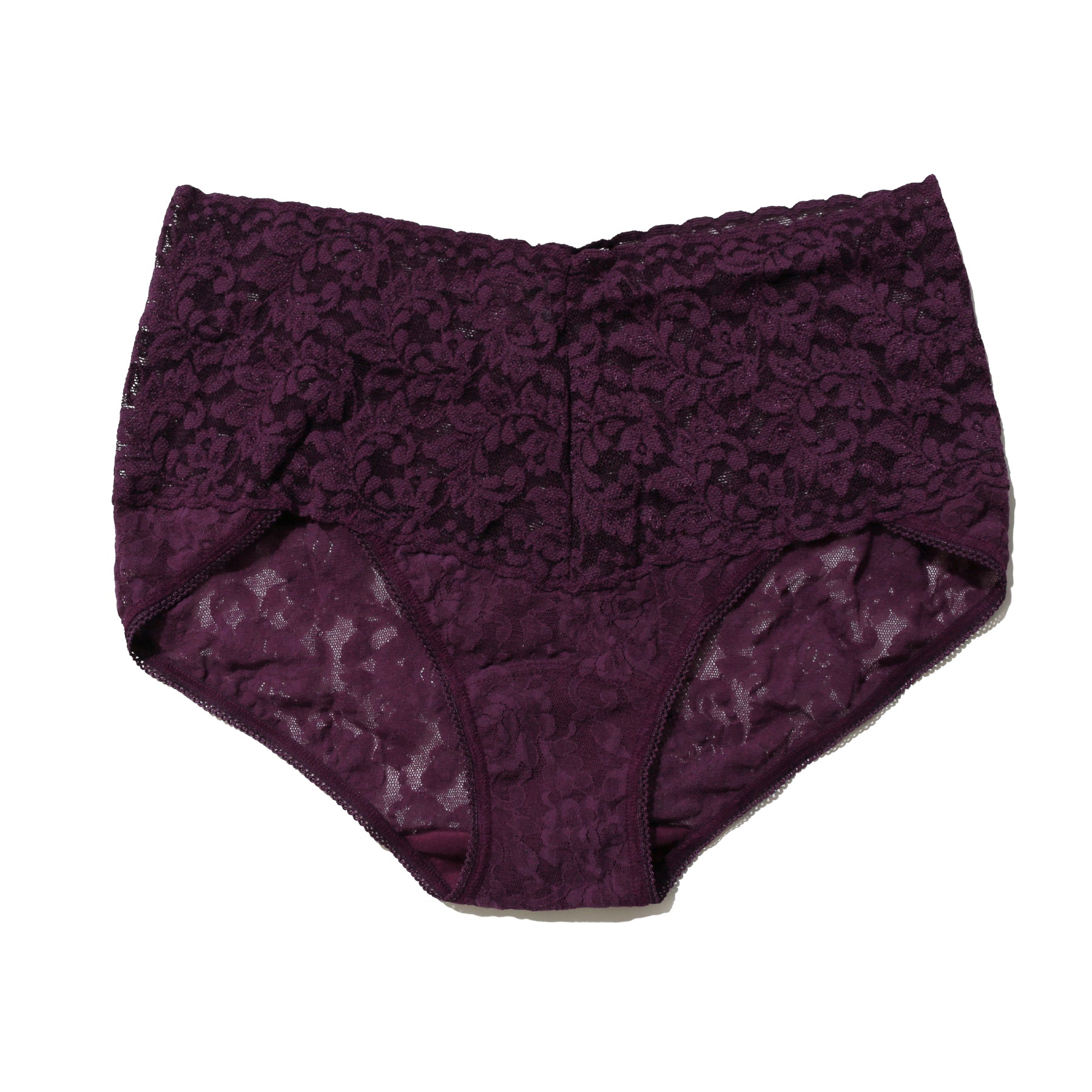 Hanky Panky lace v-kini high rise brief in dark purple stonefruit flat lay