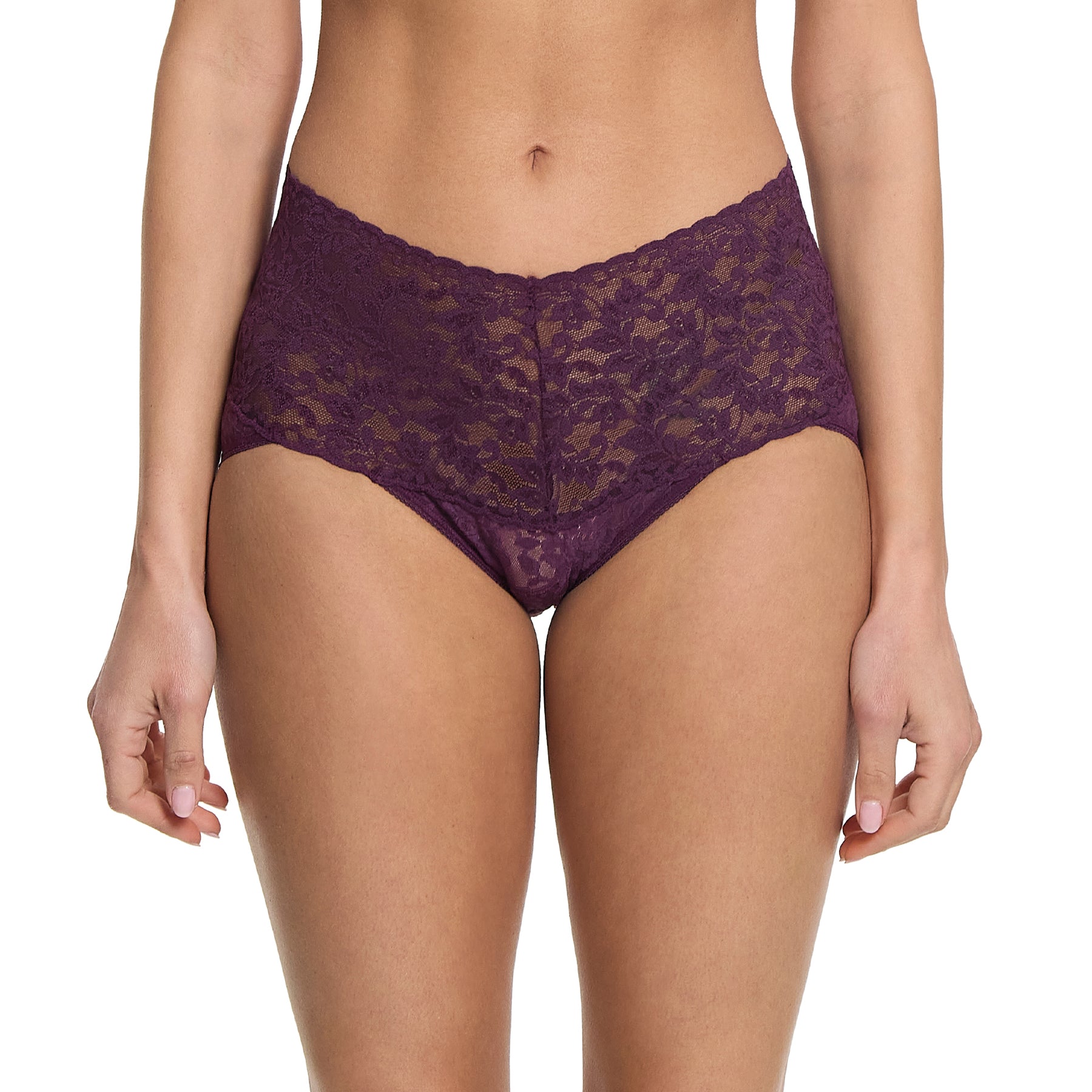 Hanky Panky lace v-kini high rise brief in dark purple stonefruit on model front view