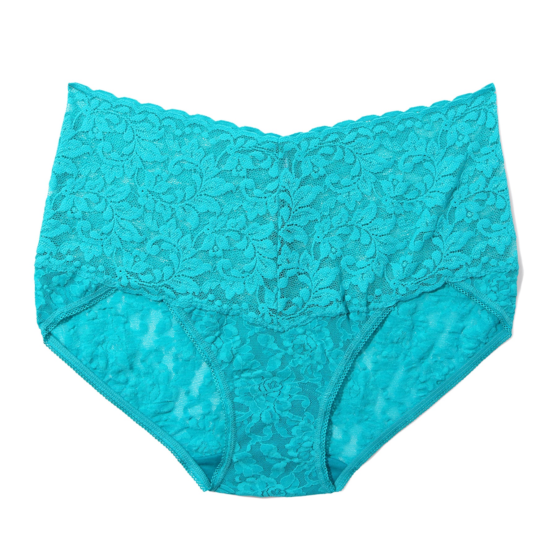 Turkish Tile lace full brief 9K2124 featuring floral stretch lace, semi-sheer mesh panels, and a comfortable high-rise fit in a vibrant turquoise blue colour.
