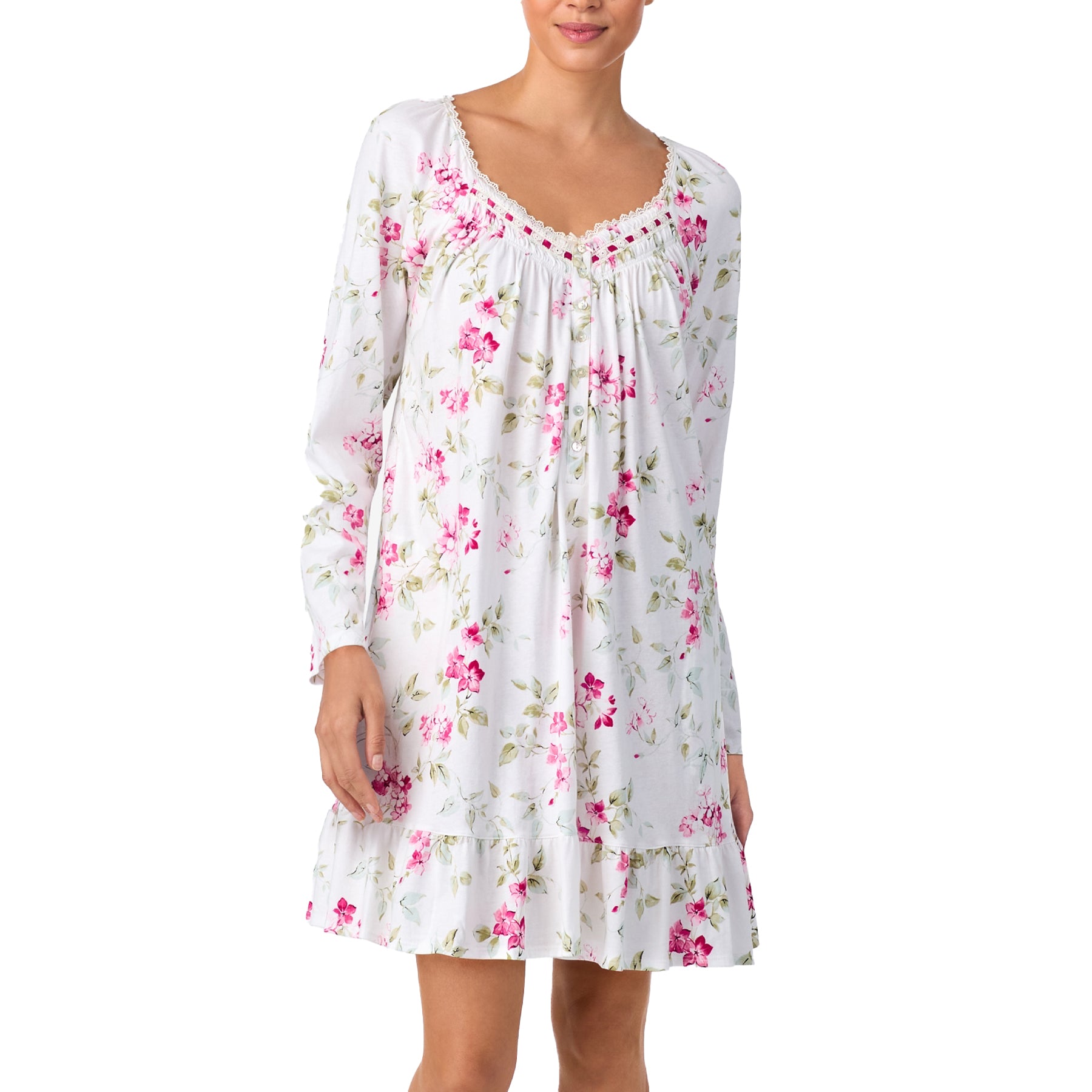 Mid-length cotton nightgown with pink and green floral pattern and ruffled hemline.