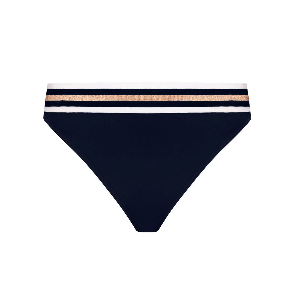 Lise Charmel navy blue bikini bottom with white and shimmering gold striped waistband, front product view.