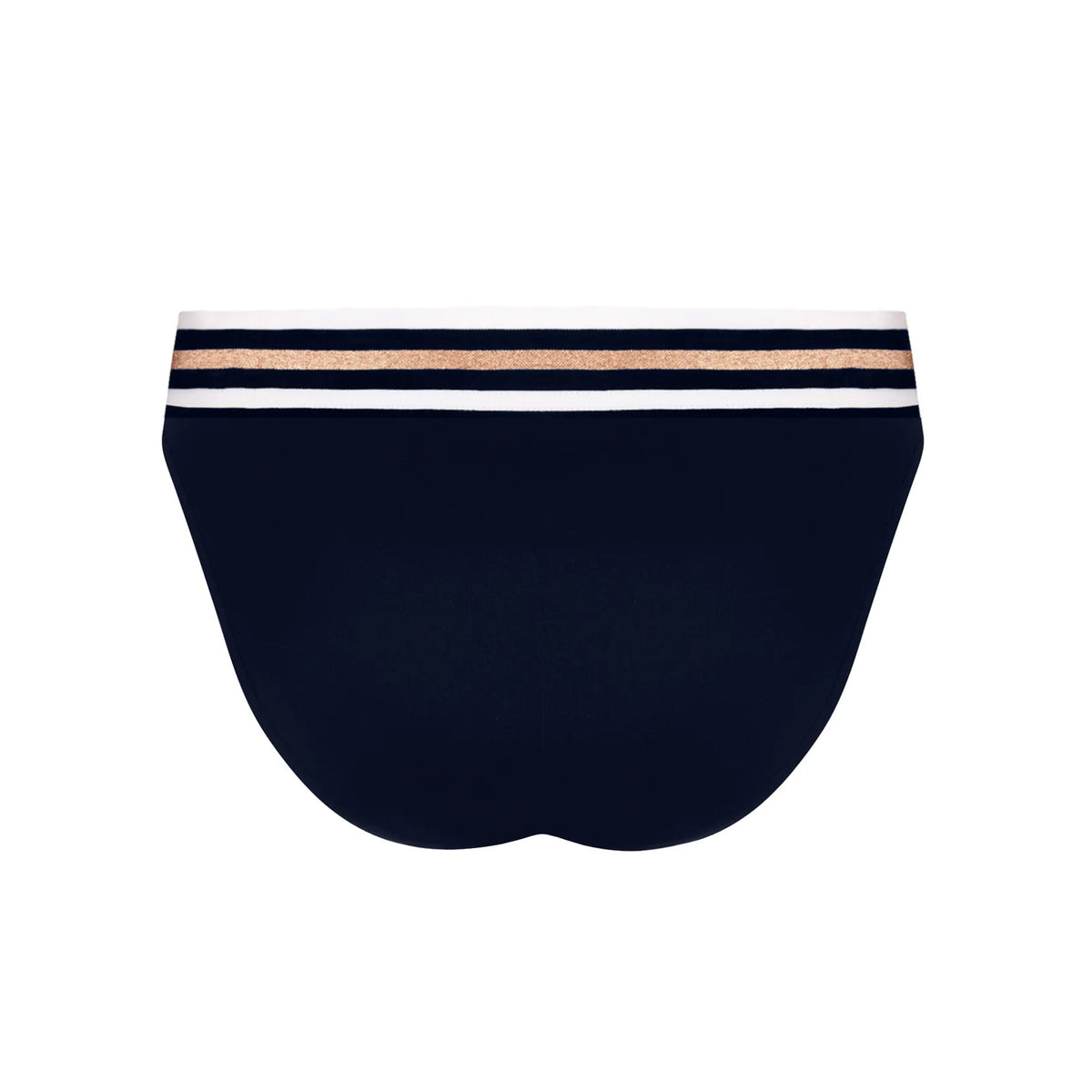 Lise Charmel navy blue bikini bottom featuring an elegant white and gold striped waistband, back product view.