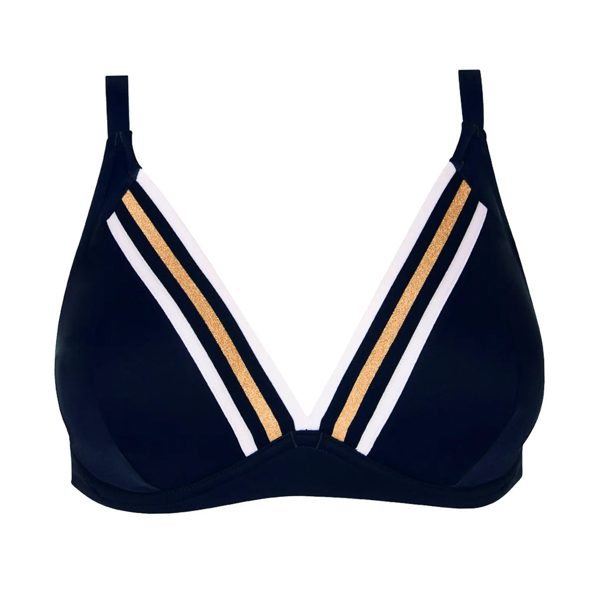 Lise Charmel navy blue triangle bikini top with plunging V-neckline, white and metallic gold striped trim, front product view.