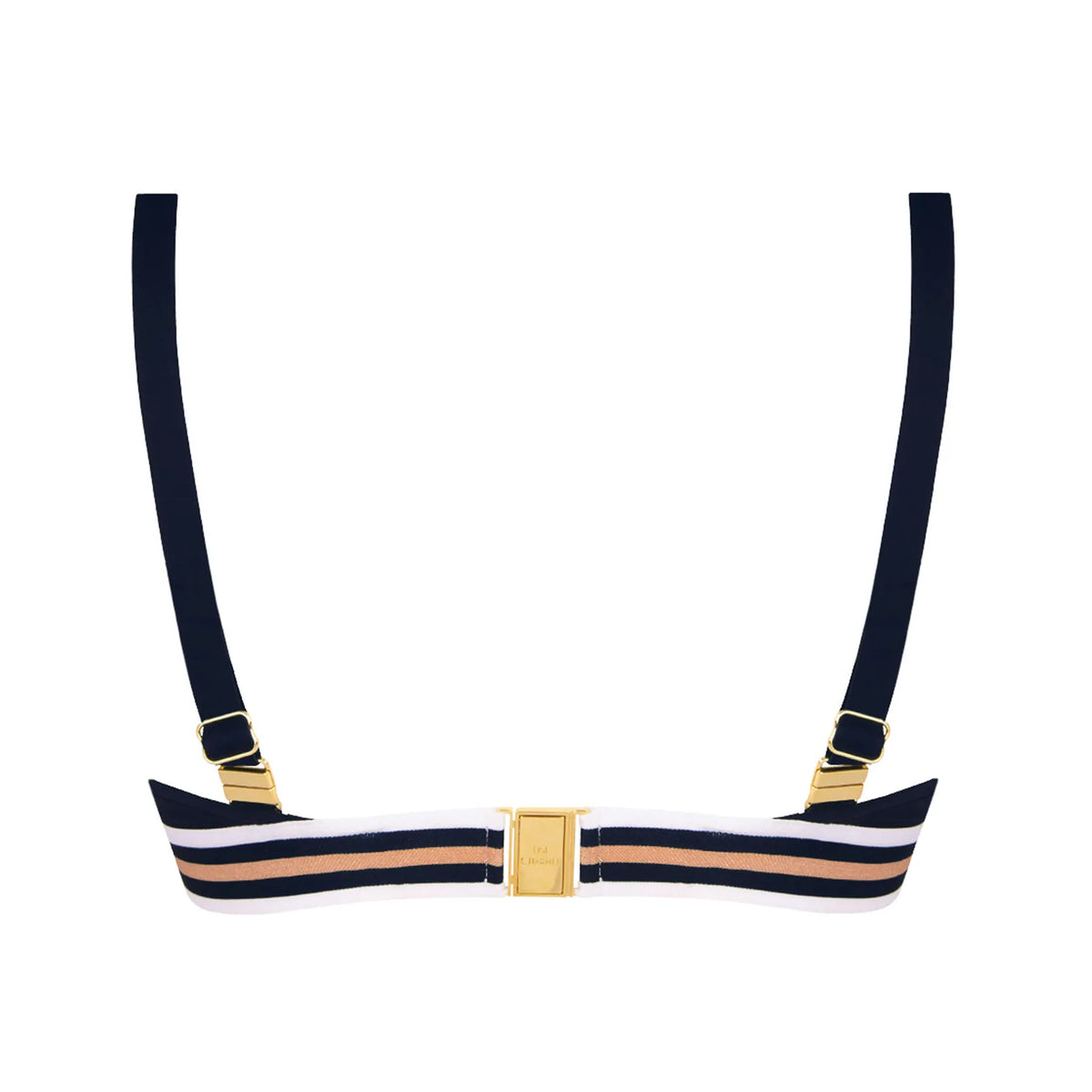 Lise Charmel navy blue bikini top featuring adjustable shoulder straps, gold hardware, striped underband and gold back clasp, rear product view.