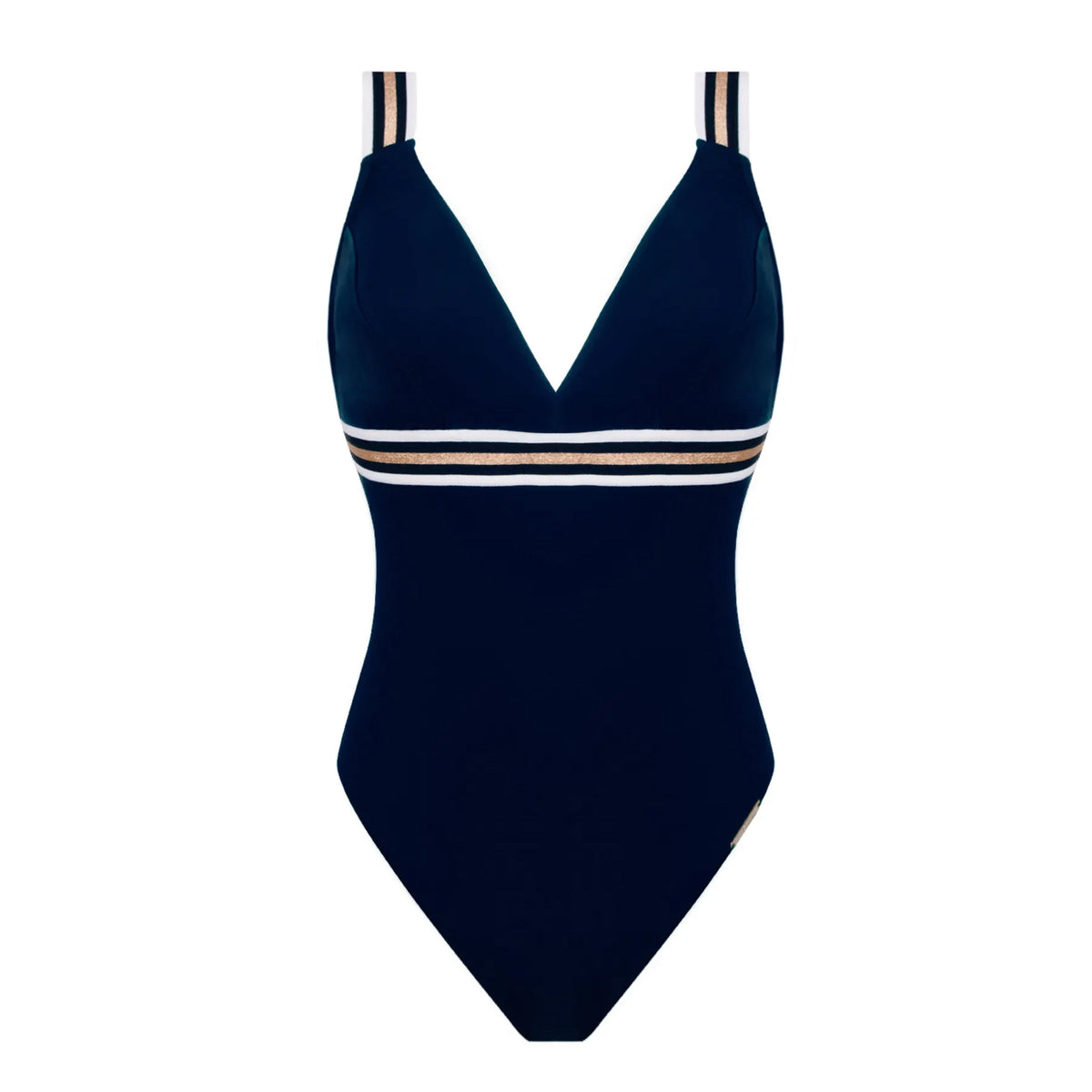 Lise Charmel Energy one-piece swimsuit in navy blue with a plunging V-neckline and white and shimmering gold striped accents, front product view.