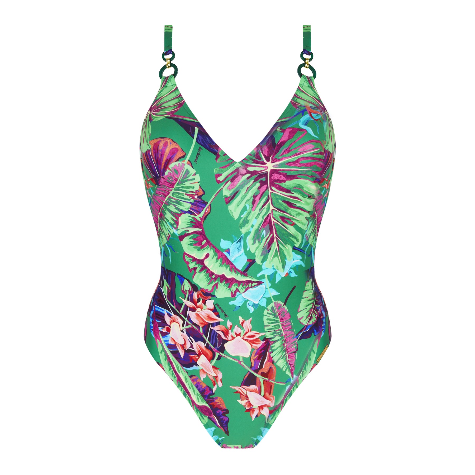 A Green Printed One piece swimsuit front view.