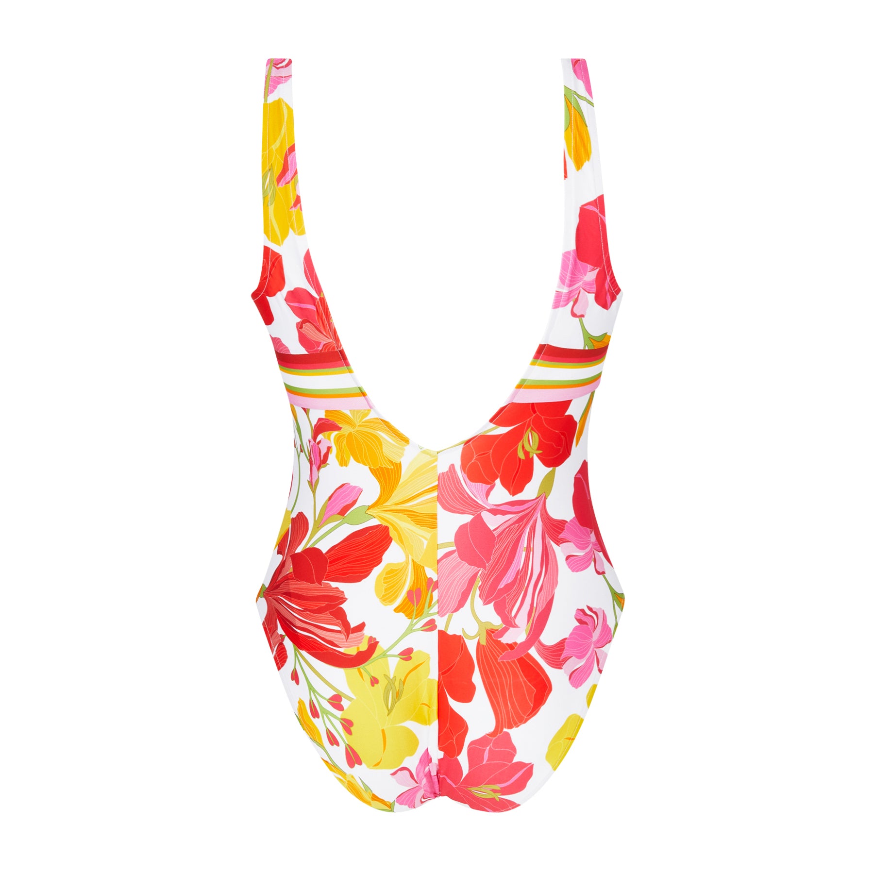 A colorful one-piece swimsuit with a bold floral print in pink, red, and yellow hues, featuring a V-neckline and a striped waist detail back view.