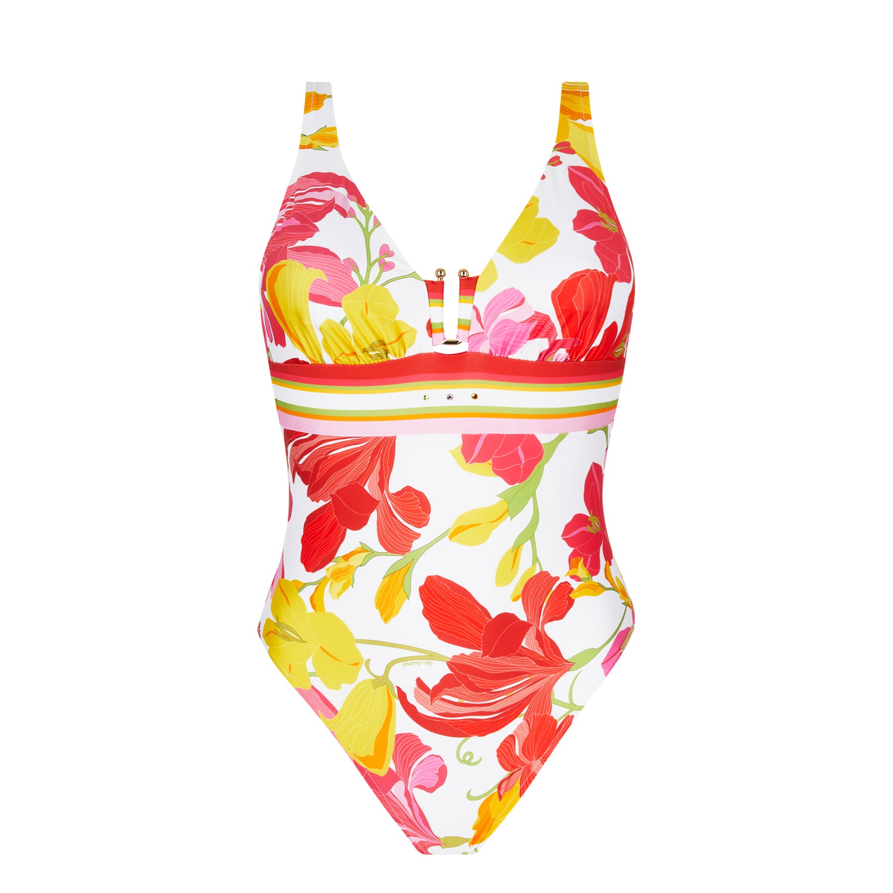 A colorful one-piece swimsuit with a bold floral print in pink, red, and yellow hues, featuring a V-neckline and a striped waist detail.