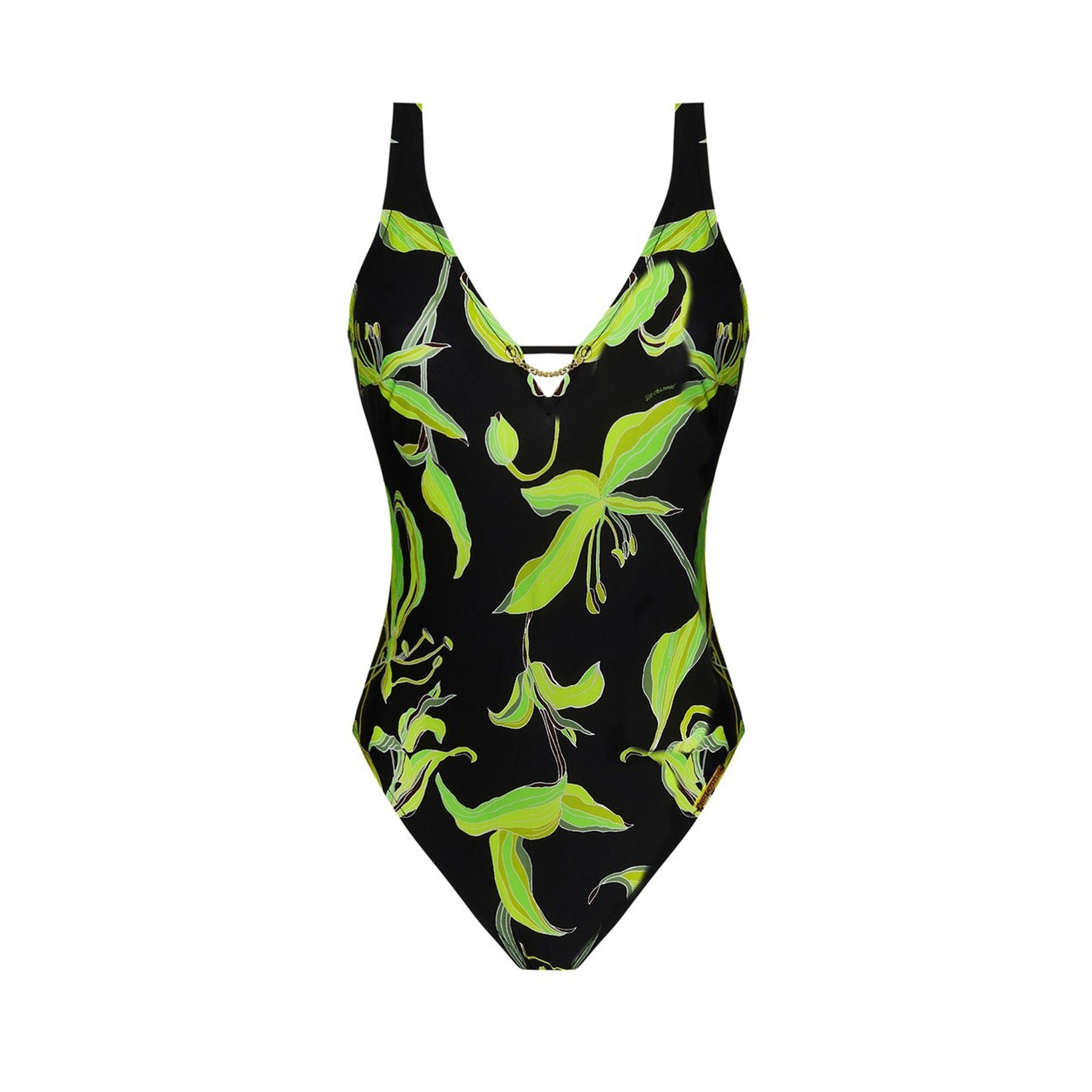 Front view of a black one-piece swimsuit featuring a green floral print, V-neckline, and spaghetti straps joined at the center with a gold chain accent.