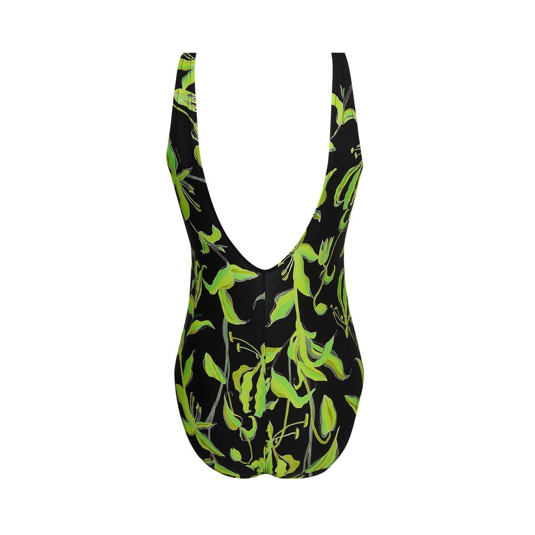 Back view of a black one-piece swimsuit with a vivid green botanical print and a deep scoop back.