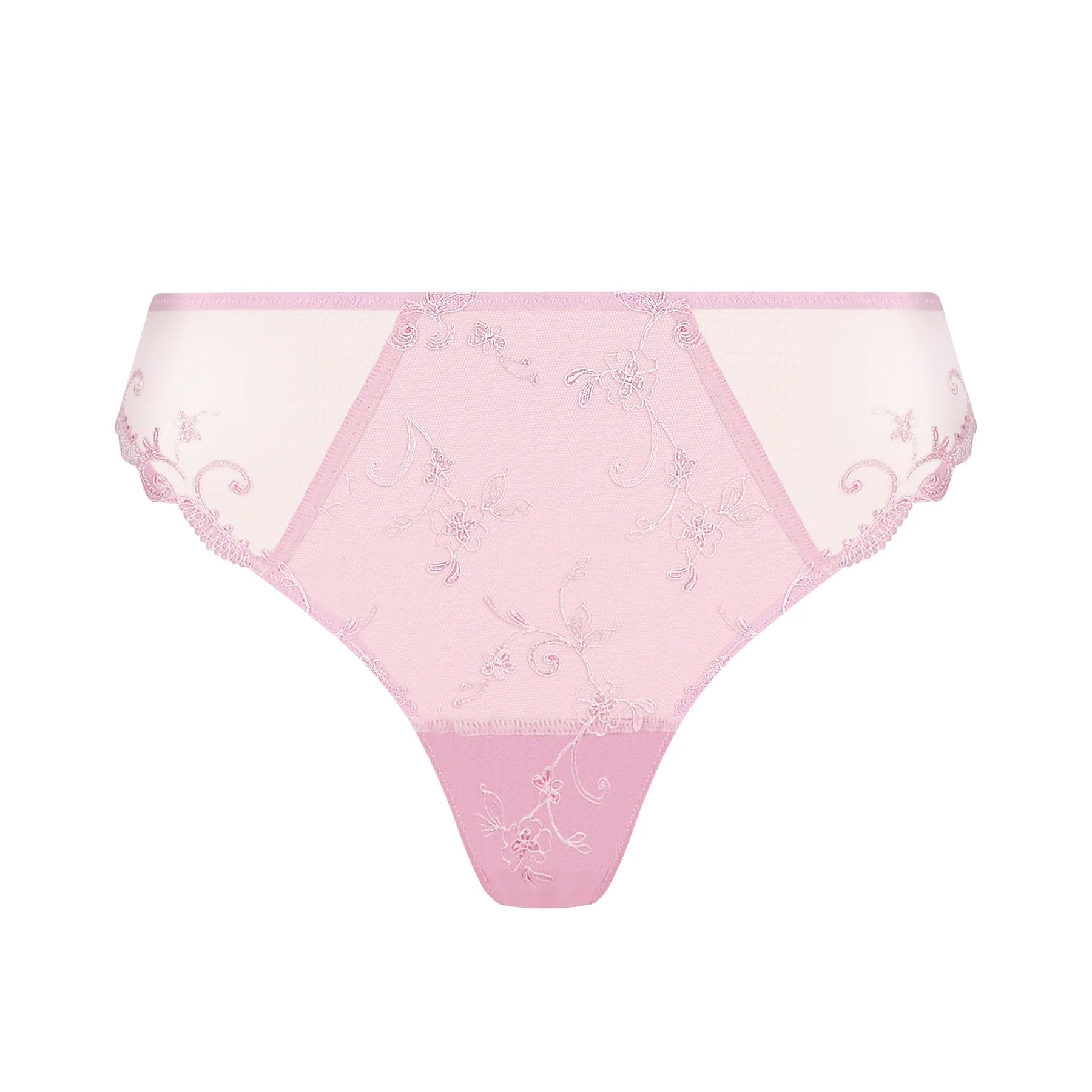 Pink embroidered lace high-waist brief with sheer mesh panels front view