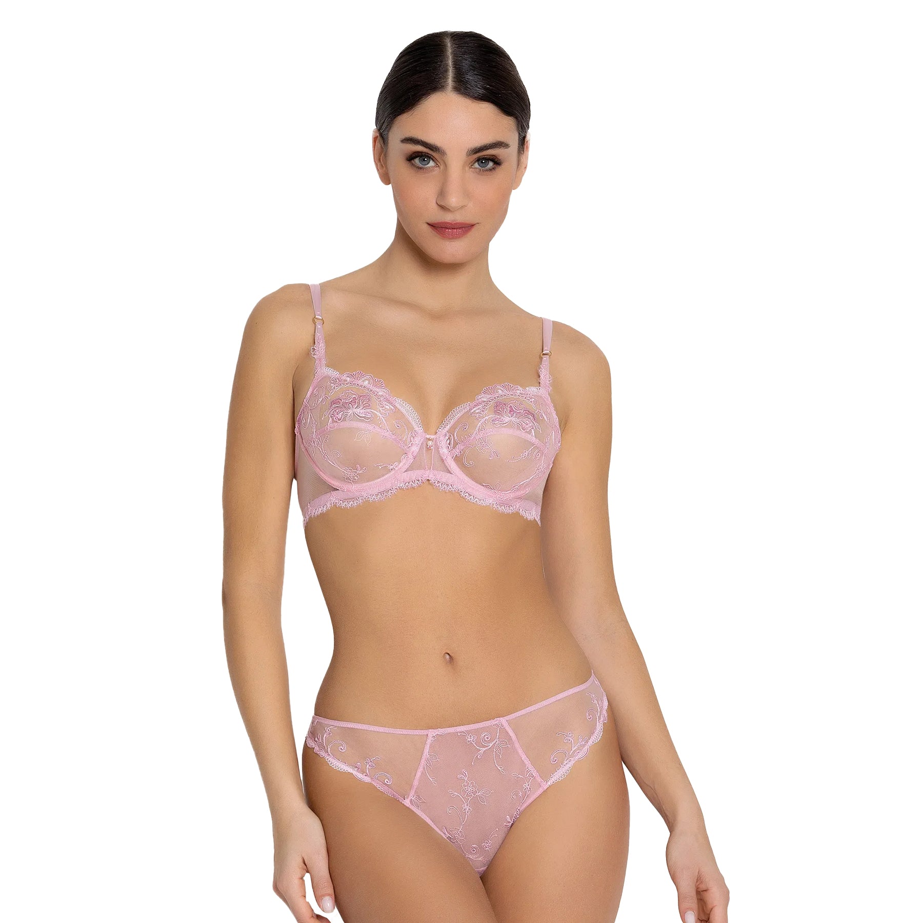 Model wearing sheer pink lace bra and matching bikini brief front view