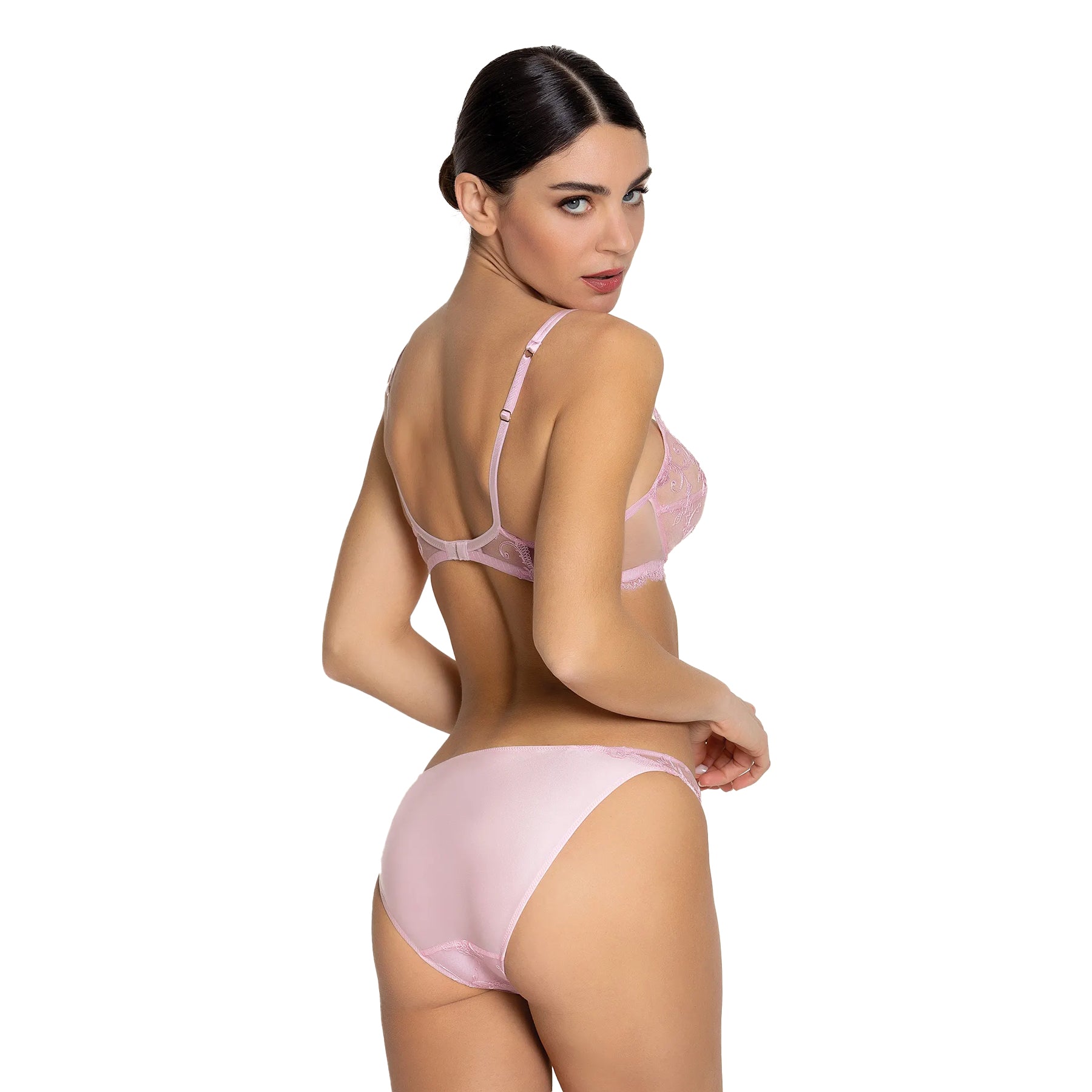 Back view of pink lace bra with smooth pale pink brief on model