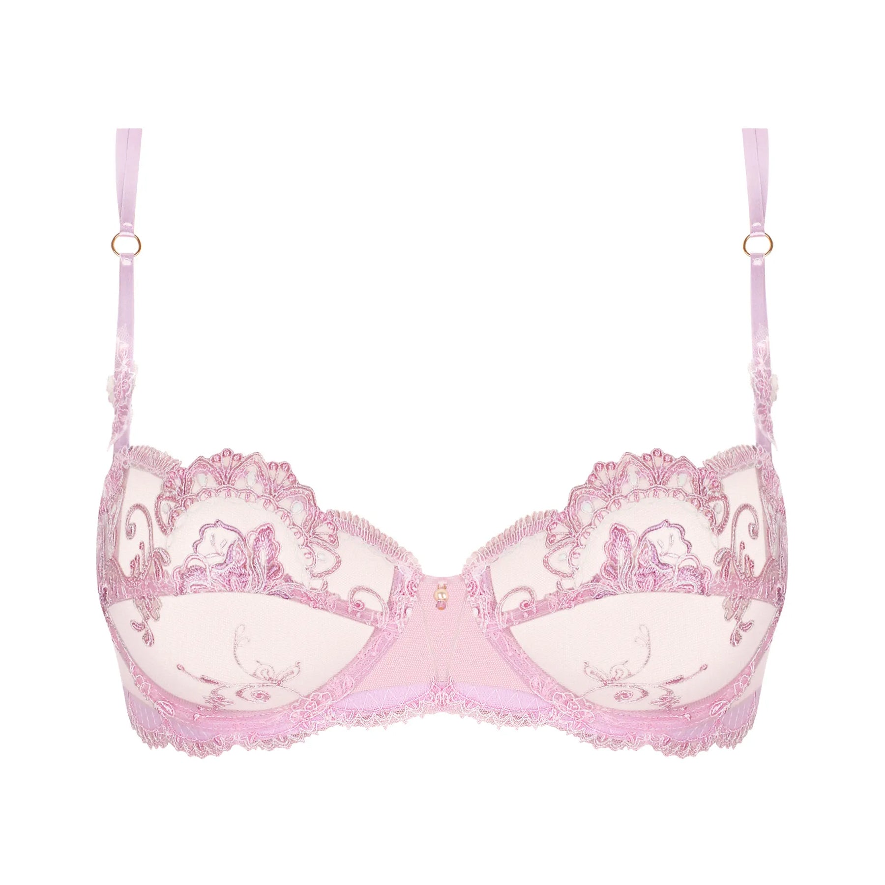Pink embroidered lace balconette bra front view on white background