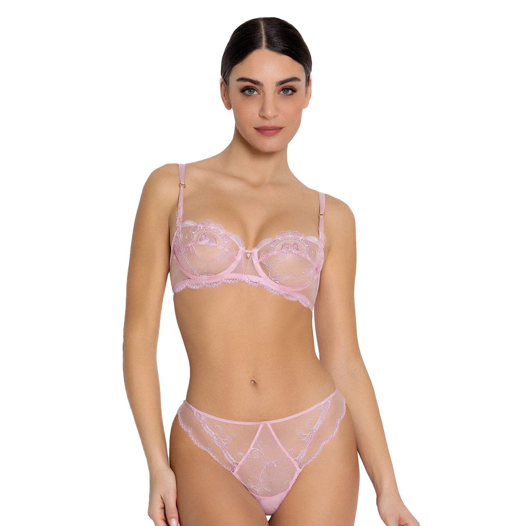 Model wearing pink embroidered lace lingerie set front view on white background