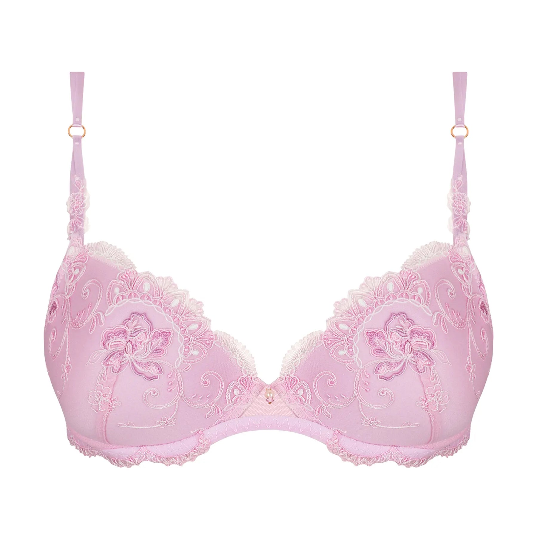 Light pink embroidered demi bra with floral lace detailing and scalloped edges, front view