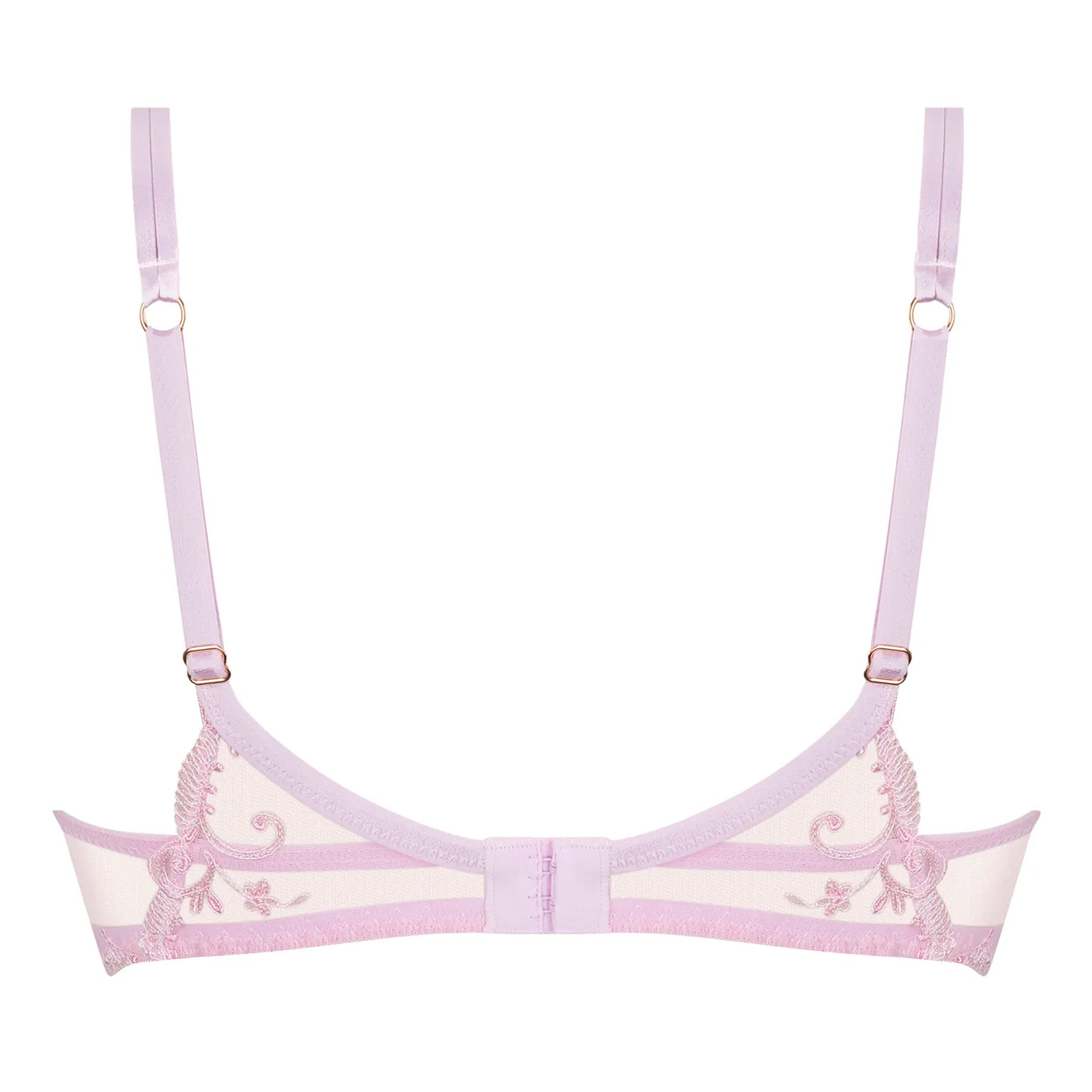 Light pink lace bra back view with sheer mesh band and adjustable straps