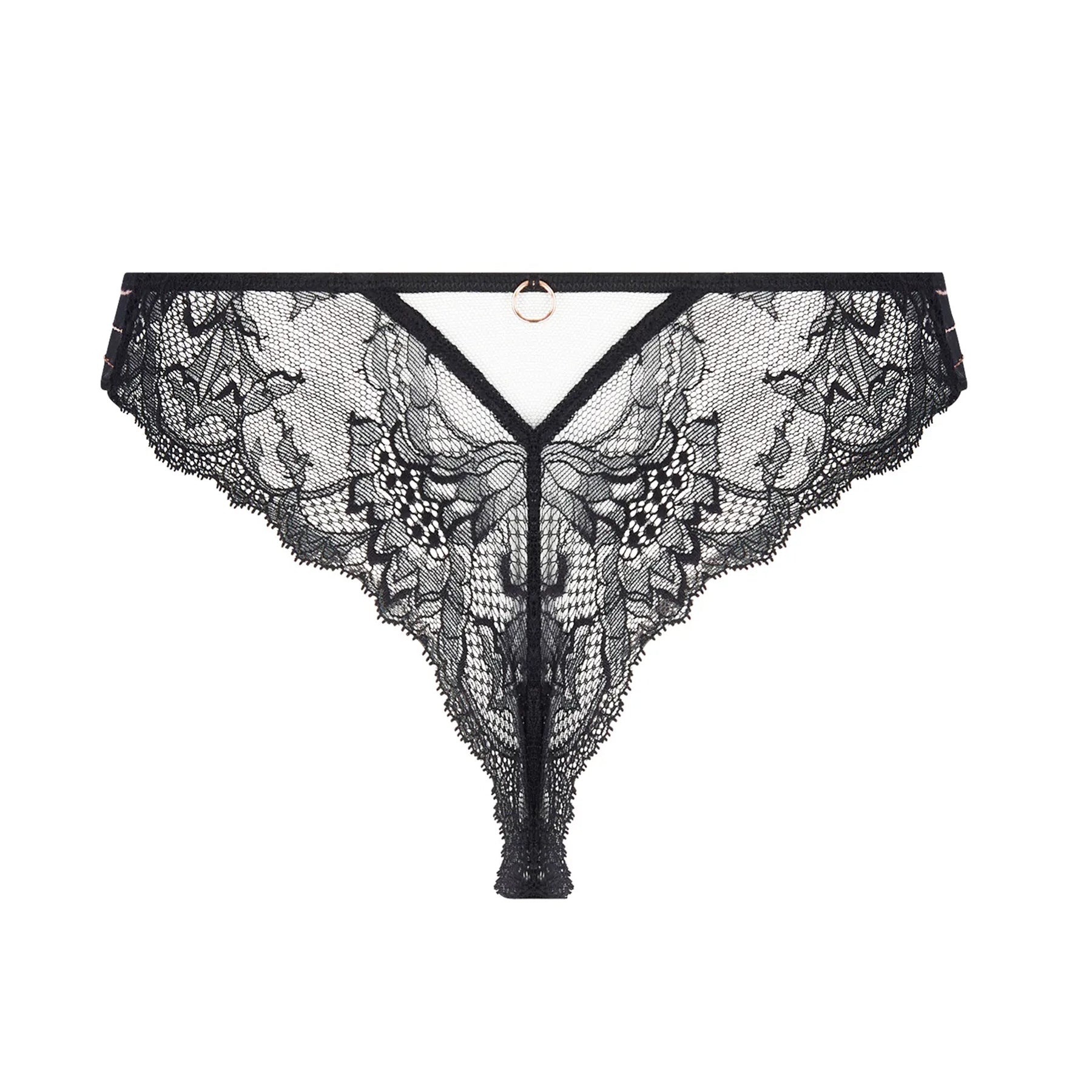 Lise Charmel Charme Secret thong featuring sheer black tulle with floral embroidery in black and burgundy and scalloped lace accents.