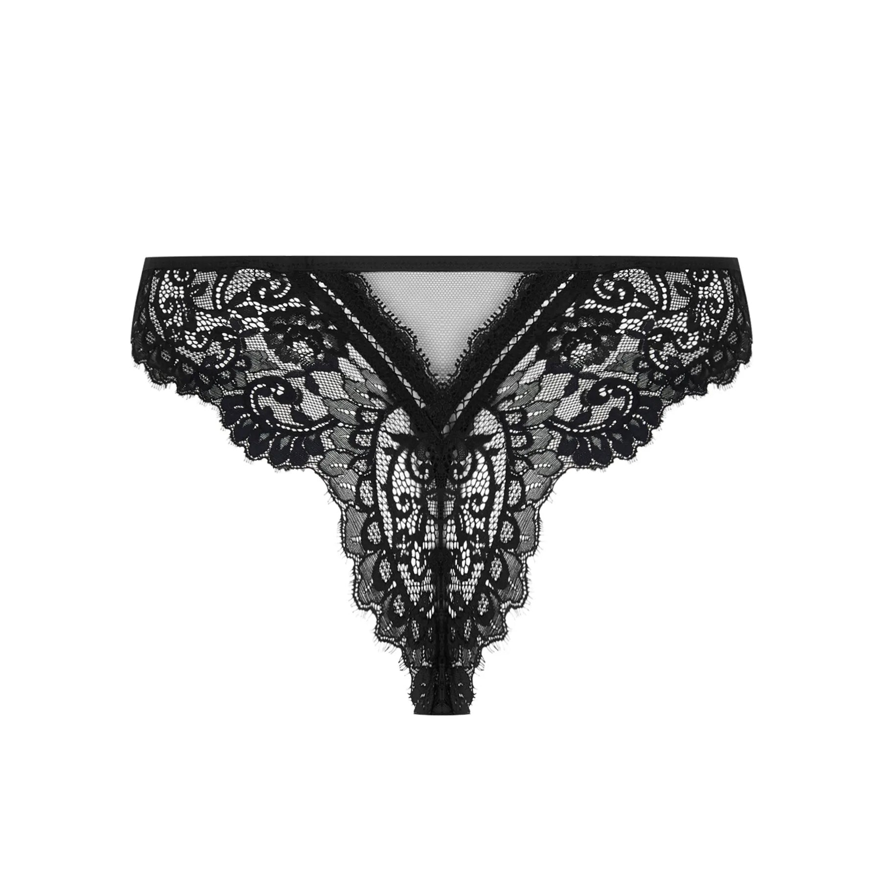 A black lace thong with a symmetrical floral design and scalloped edges, perfect for an elegant and sensual style.