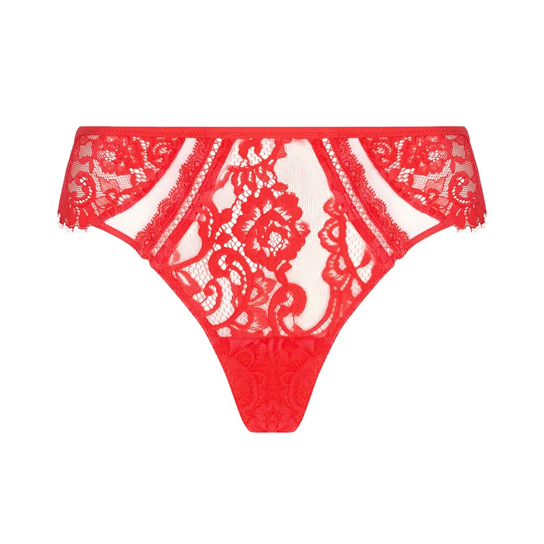 Red lace thong front view on white background, sheer mesh panels with floral embroidery and cut-out details