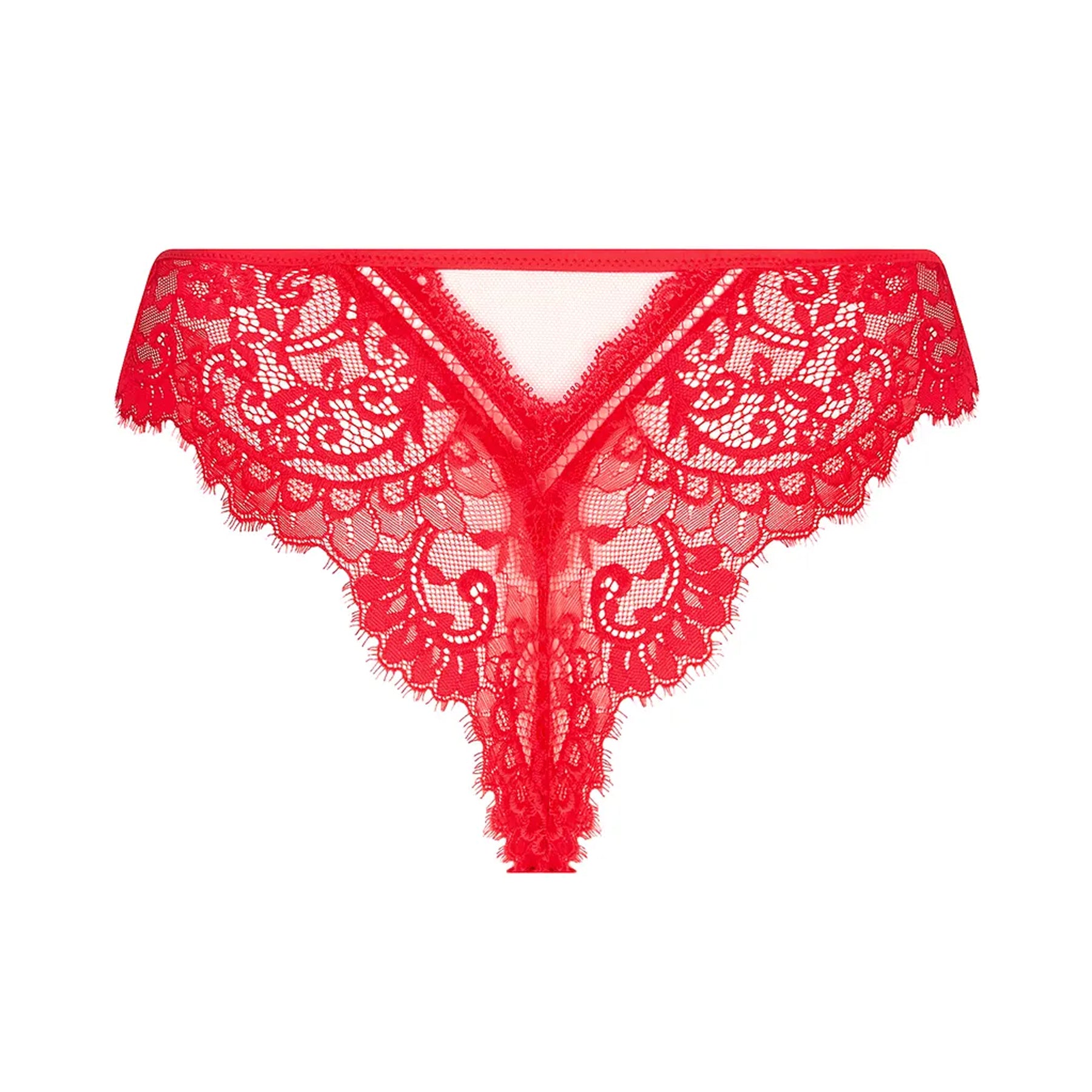 Red lace thong back view on white background, sheer lace design with scalloped edges and V-back detail