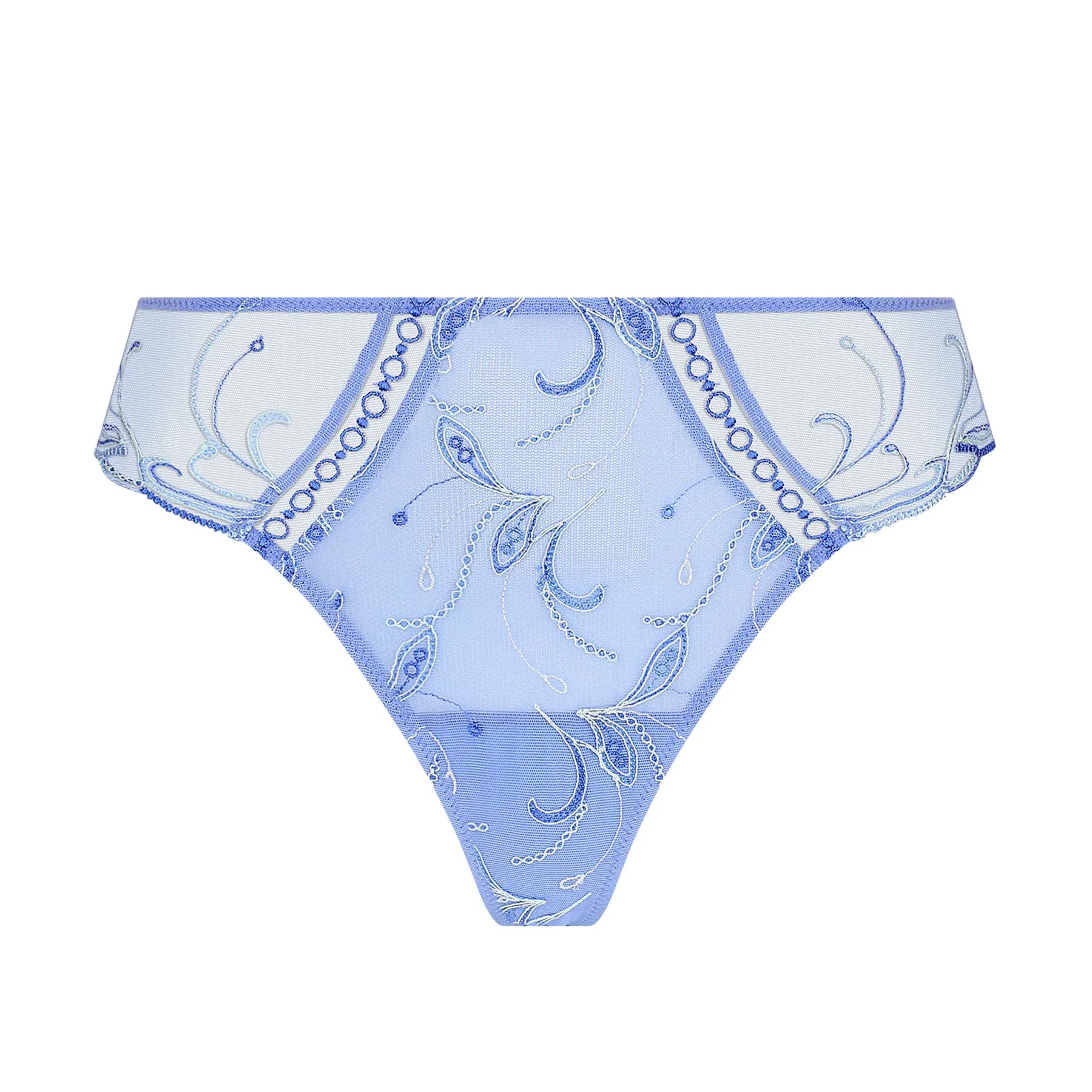 Front view of embroidered tulle thong in soft nymphe lagoon blue featuring delicate swirling embroidery, sheer mesh side panels, and elegant scalloped detailing.
