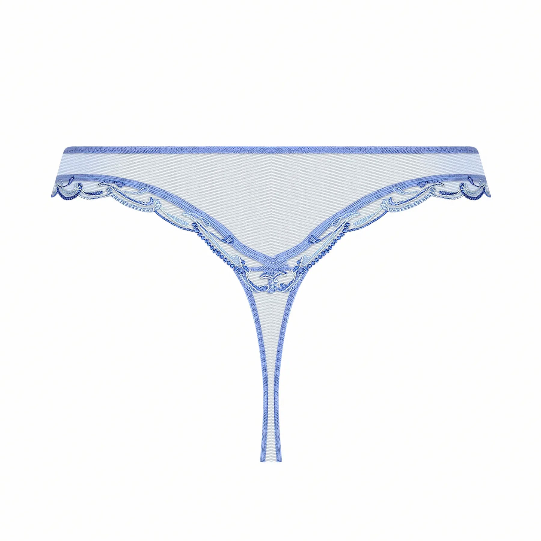 Back view of sheer mesh thong in nymphe lagoon blue with embroidered scalloped trim and minimal silhouette for an elegant, flattering finish.