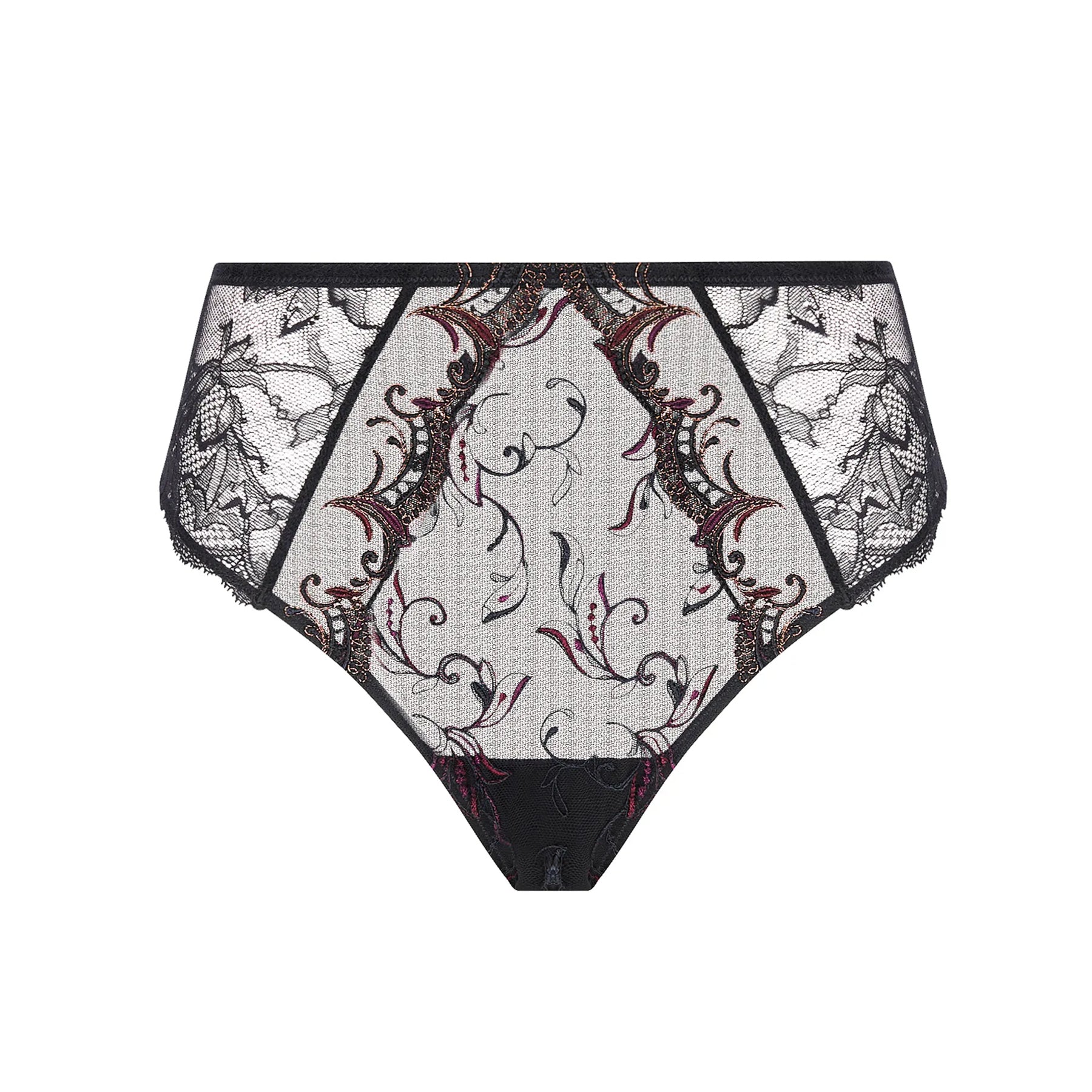 Lise Charmel Charme Secret full brief featuring high-rise sheer black tulle with floral embroidery in black and burgundy, paired with lace side panels for a luxurious design.