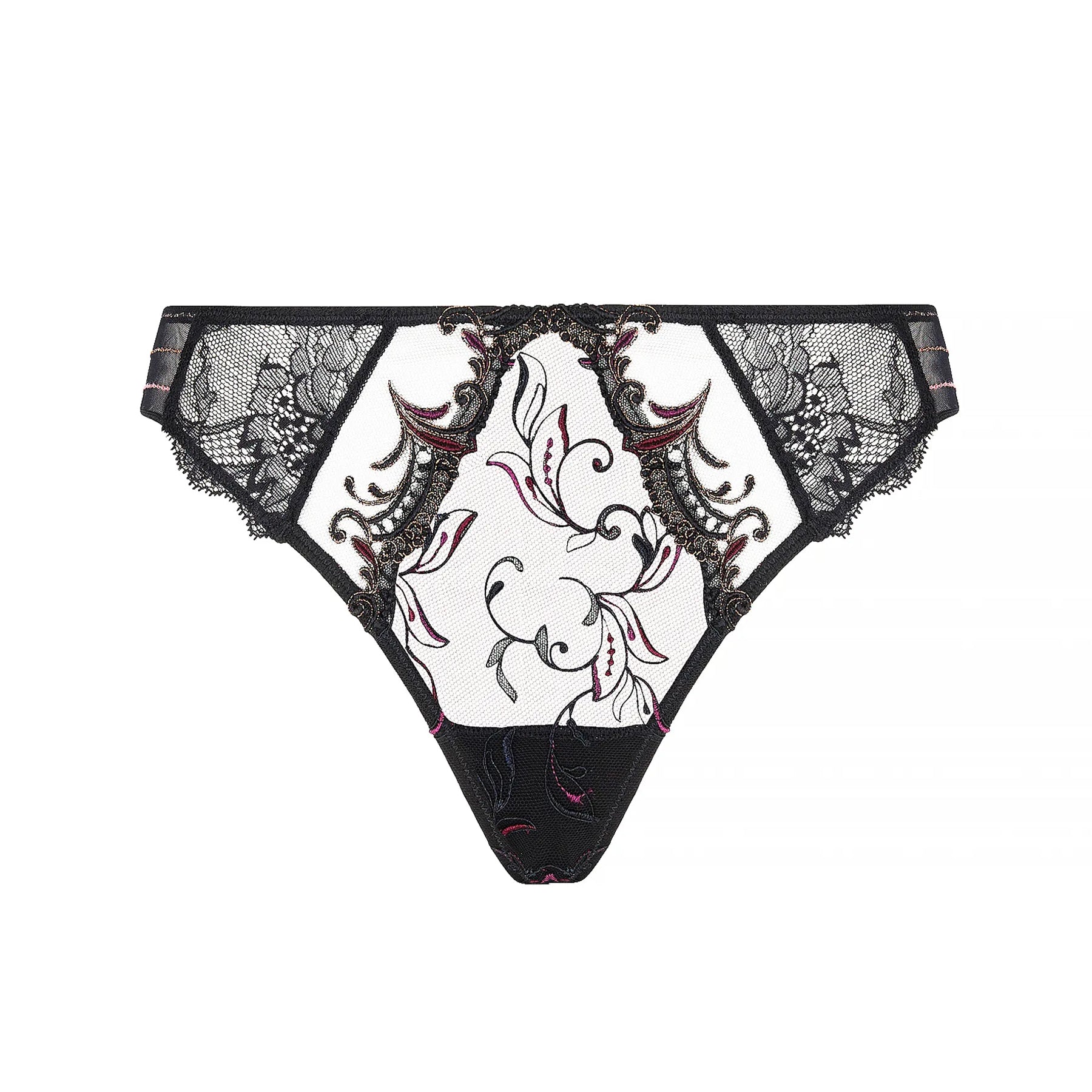 Lise Charmel Charme Secret Italian Panty featuring high-rise sheer black tulle with floral embroidery in black and burgundy, paired with lace side panels for a luxurious design.