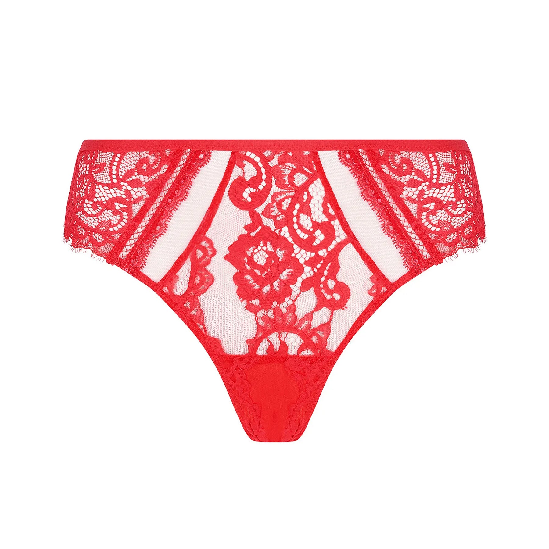 Red lace bikini brief front view on white background, sheer mesh panels with floral embroidery