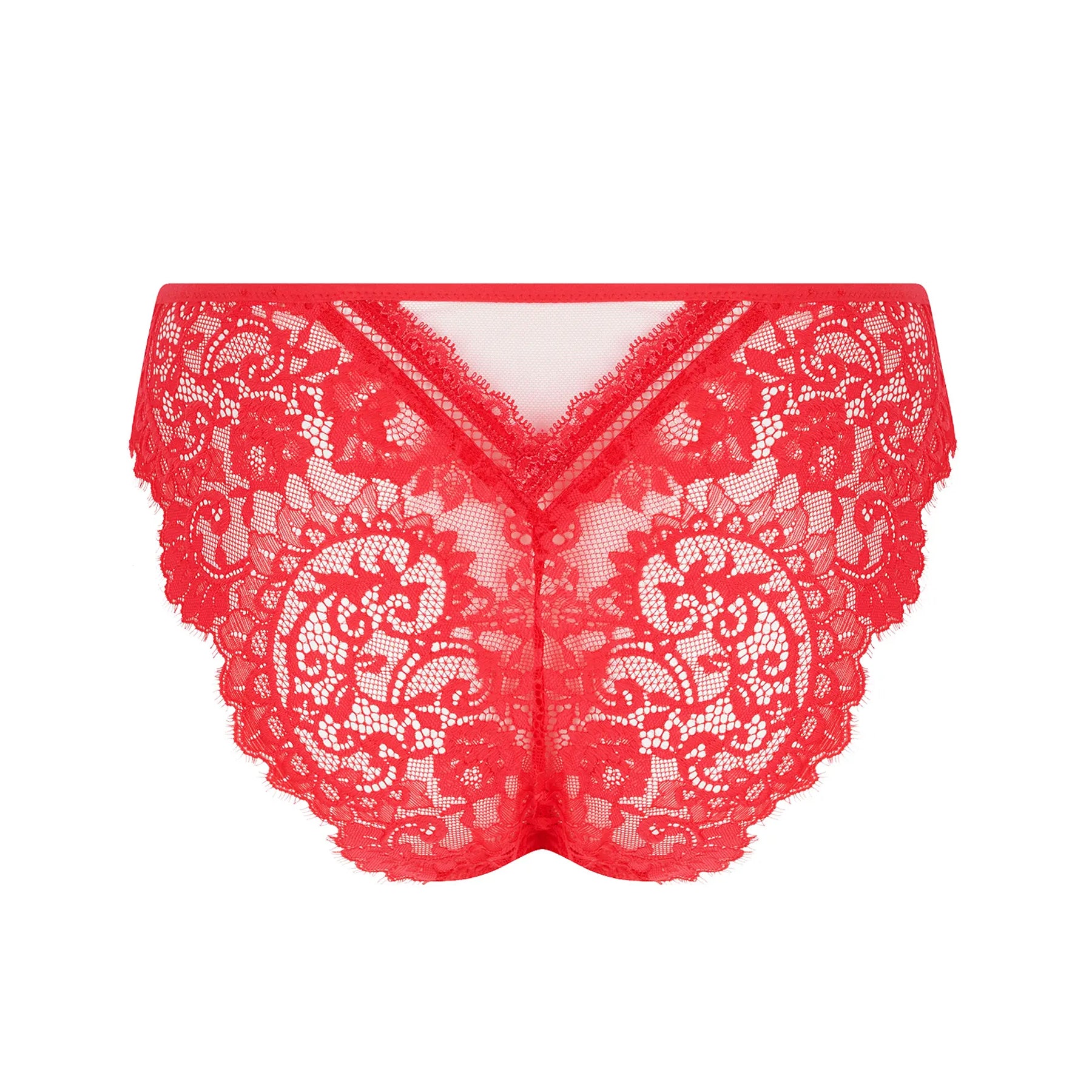 Red lace bikini brief back view on white background, full lace coverage with scalloped edges
