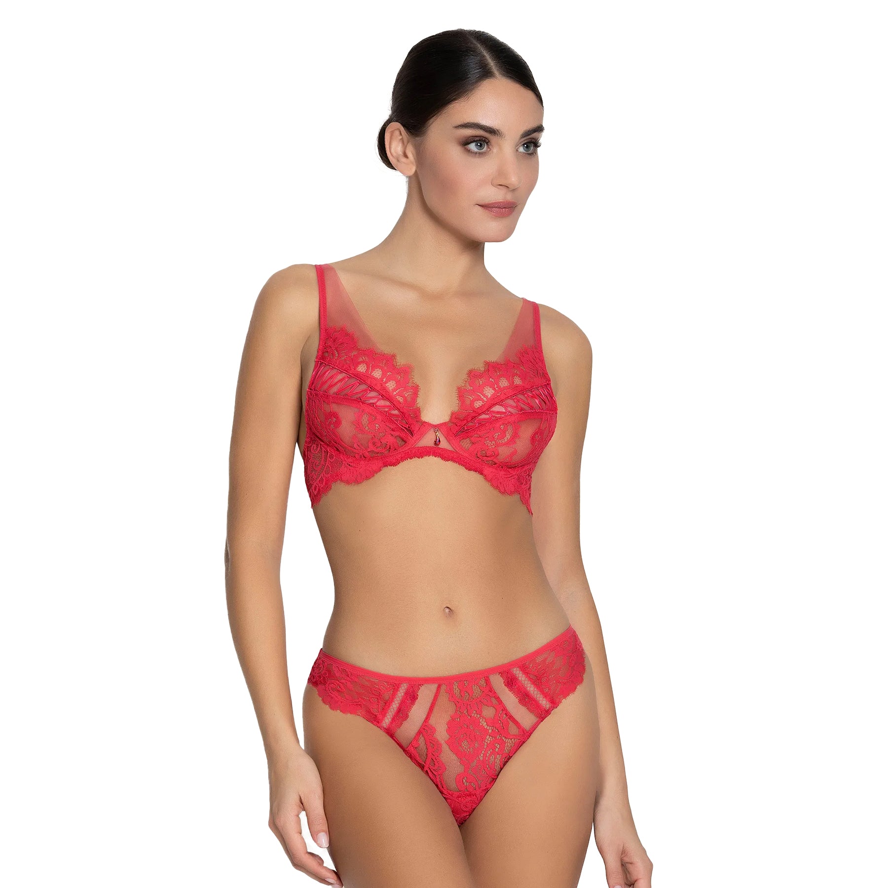 Red lace bra and bikini brief set on model against white background, sheer panels and floral lace detailing