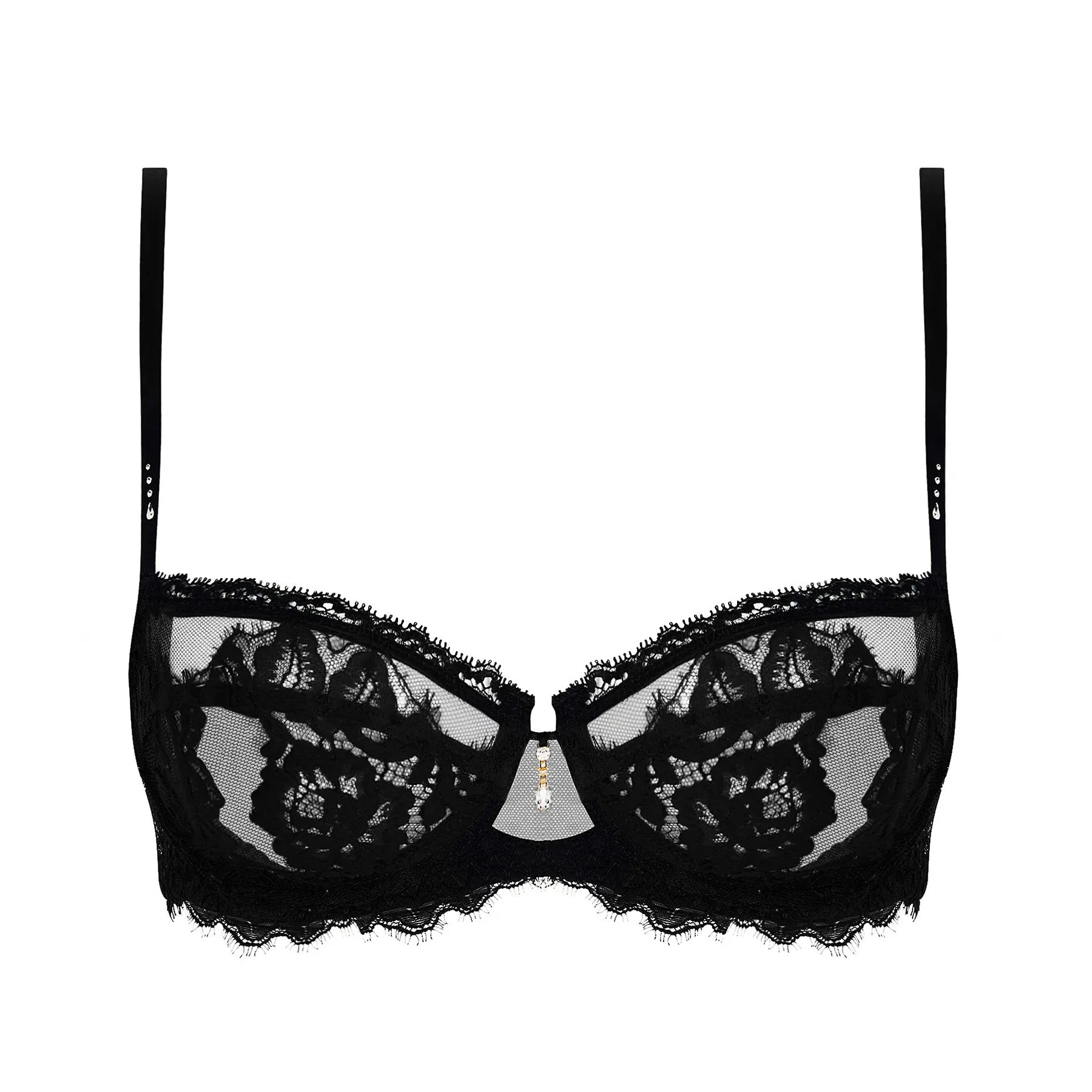 A flat layout of the Lace Black Bra by Lise Charmel, showing lace details, jewel, and sheer mesh.