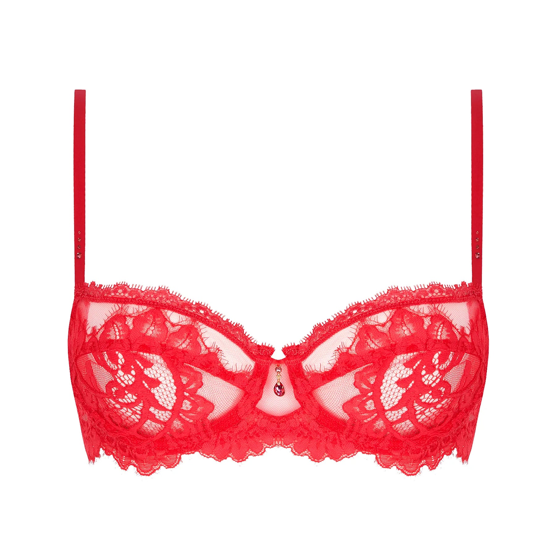 Red lace balconette bra front view on white background, sheer embroidered cups with scalloped edges