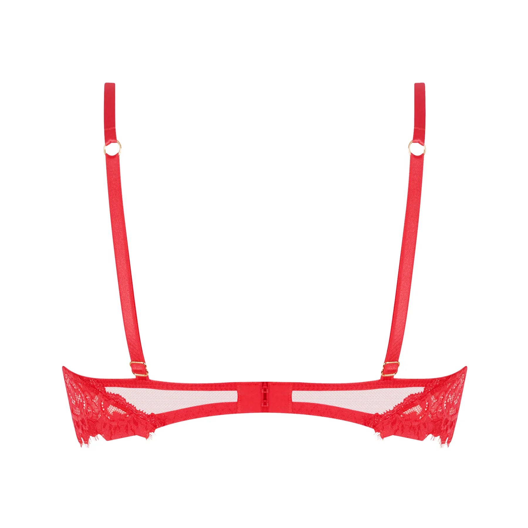 Red lace balconette bra back view on white background, adjustable straps and hook closure