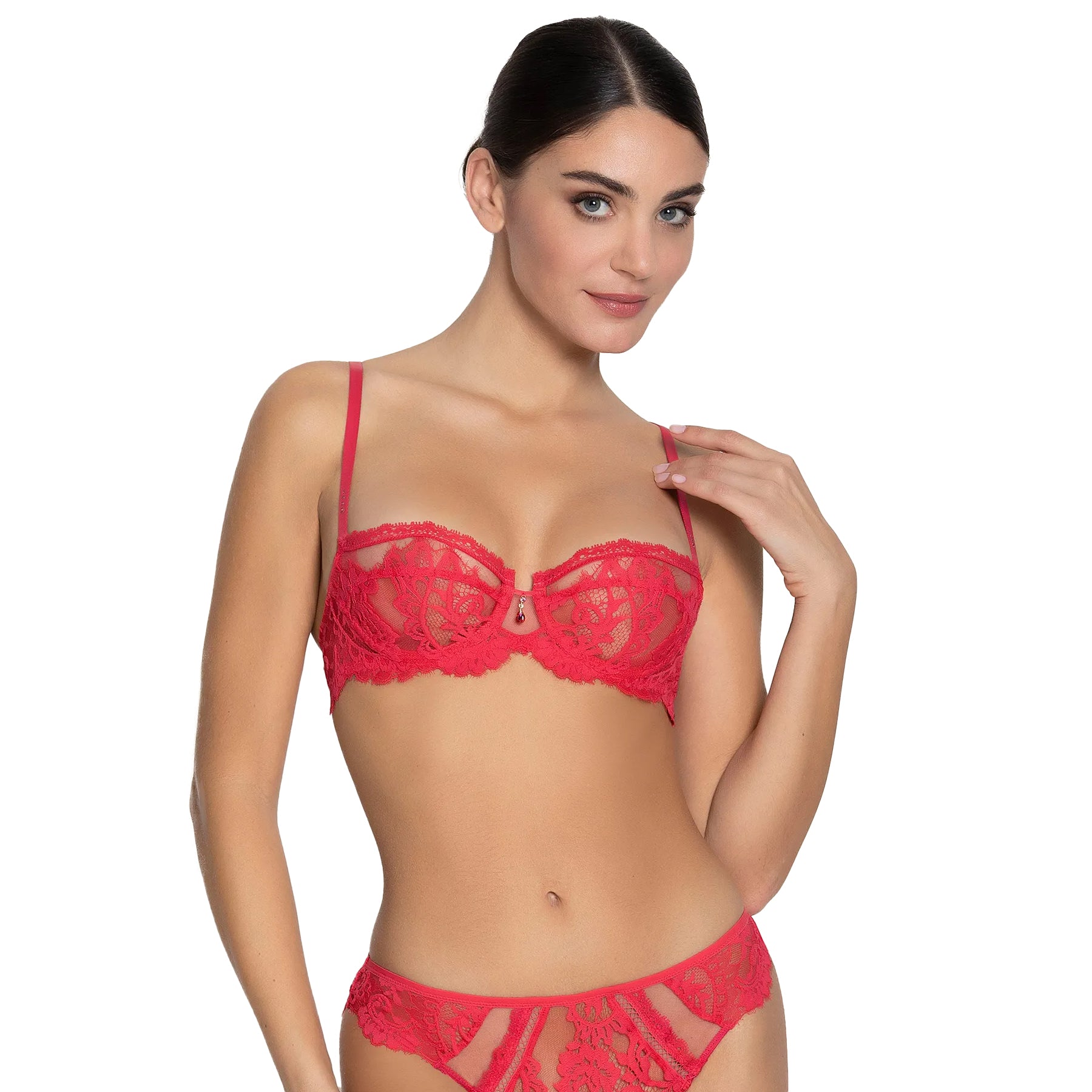 Red lace balconette bra and thong set on model against white background, delicate embroidery and sheer panels