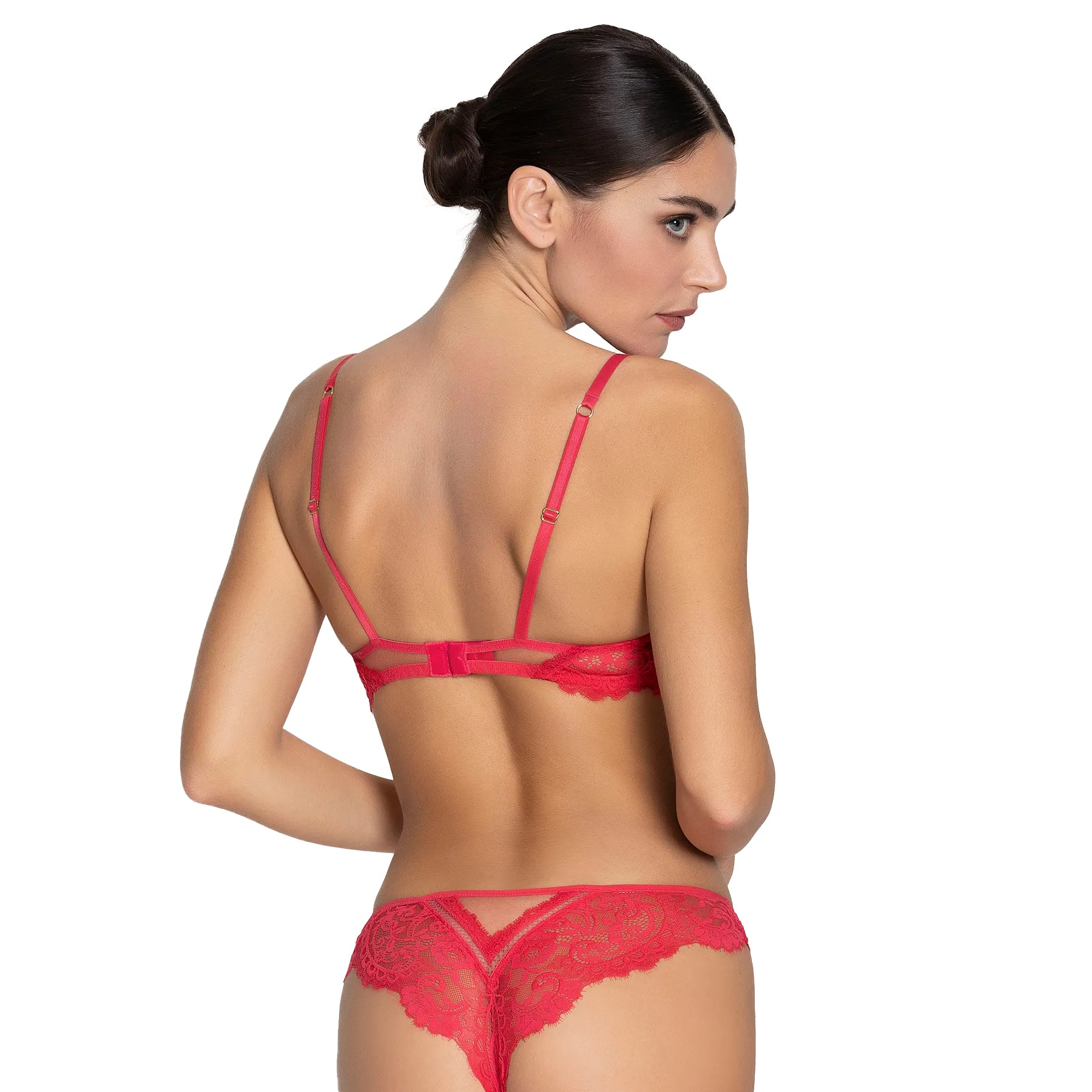 Red lace lingerie set back view on model, sheer lace thong with V-back detail and balconette bra