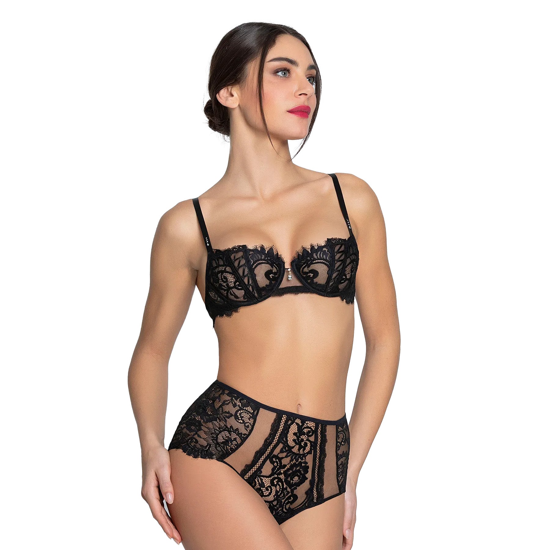 A model wearing a black lace bra with intricate floral patterns and a central jewel accent, offering an elegant and sensual appeal, front view, close-up view.