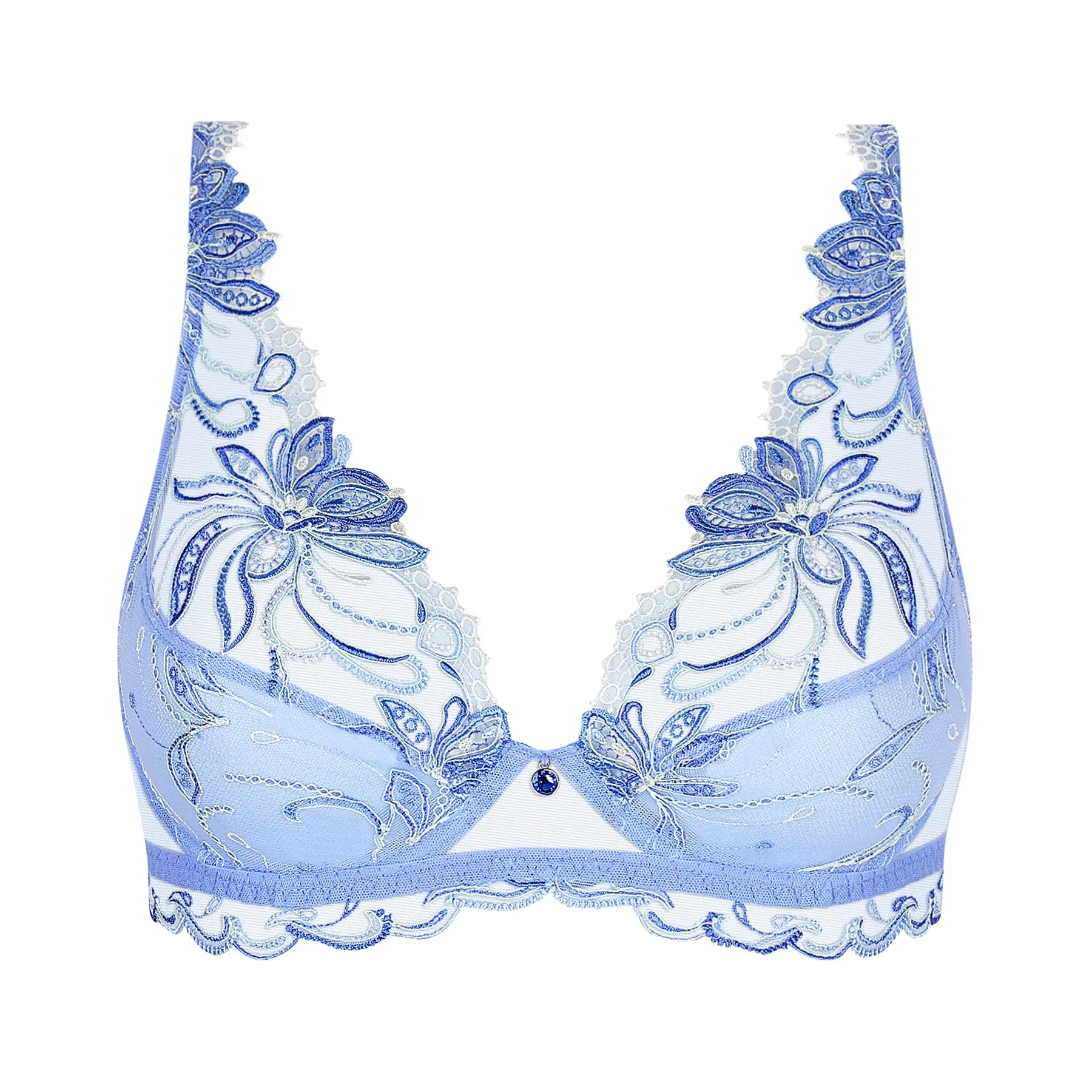 Front view of a sheer embroidered wireless bra in soft periwinkle blue with floral guipure lace, scalloped trim, and a sparkling jewel detail at the centre gore.