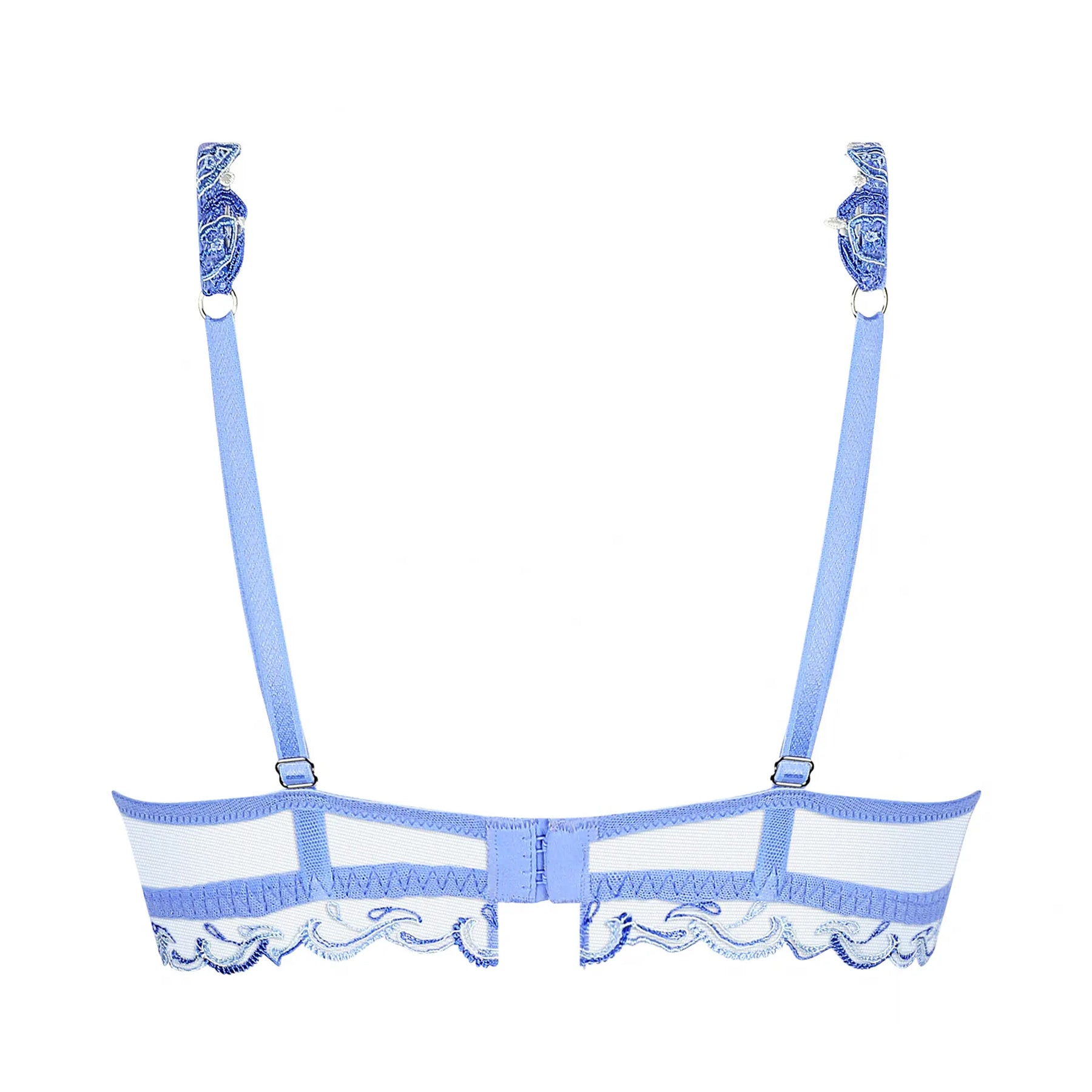 Back view of a delicate periwinkle blue wireless bra featuring sheer tulle wings, adjustable straps with silver-tone rings, and scalloped embroidered trim.