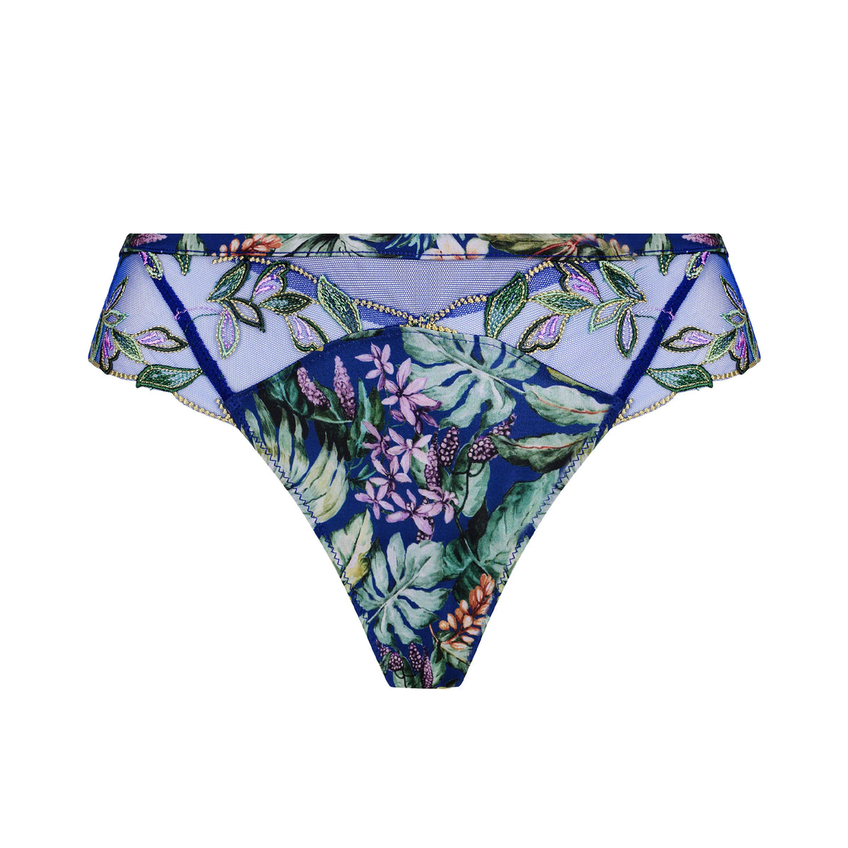 Lise Charmel Bain de Nature thong in a vibrant tropical floral print with sheer embroidered mesh panels in green, lavender and blue.