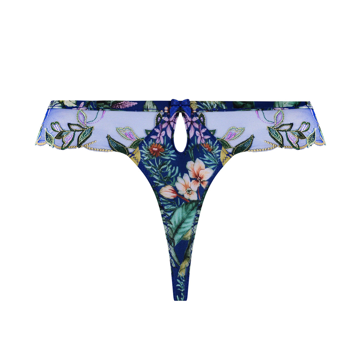 Back view of Lise Charmel Bain de Nature thong featuring floral embroidery, tropical print, keyhole detail and small bow.